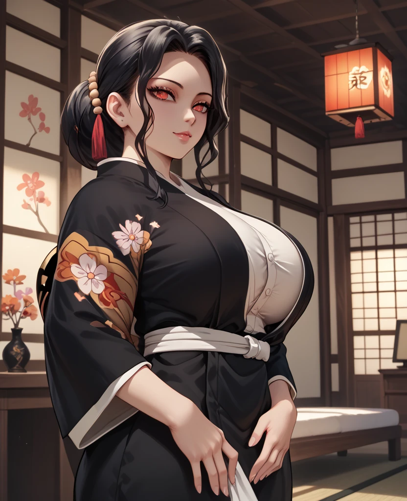 RAW photo, Full portrait of a Japanese female samurai warrior holding a long sword ((intricate detail of sword blade)), (sitting cross-legged), (Detailed Face), (beautiful glossy eyes:1.1), (highly detailed skin:1.1), ((expression of meditation or lost in thought)), perfect slim body, (big breasts:1.3), wearing an elaborate silky textured kimono with intricate imari ware design similar to Japanese ceramics of the Edo period, simple handmade jewelry,  modelshoot, Fashion Photography, rococco lighting, PHOTOREALISTIC, Realistic, (surrounded by a dark temple in candlelight), blurred background, RAW, analog, sharp focus, UHD, HDH, HDR, 8k, 16k, 32k, high resolution, DSLR, high quality, Fujifilm XT3, grain, award winning, masterpiece,