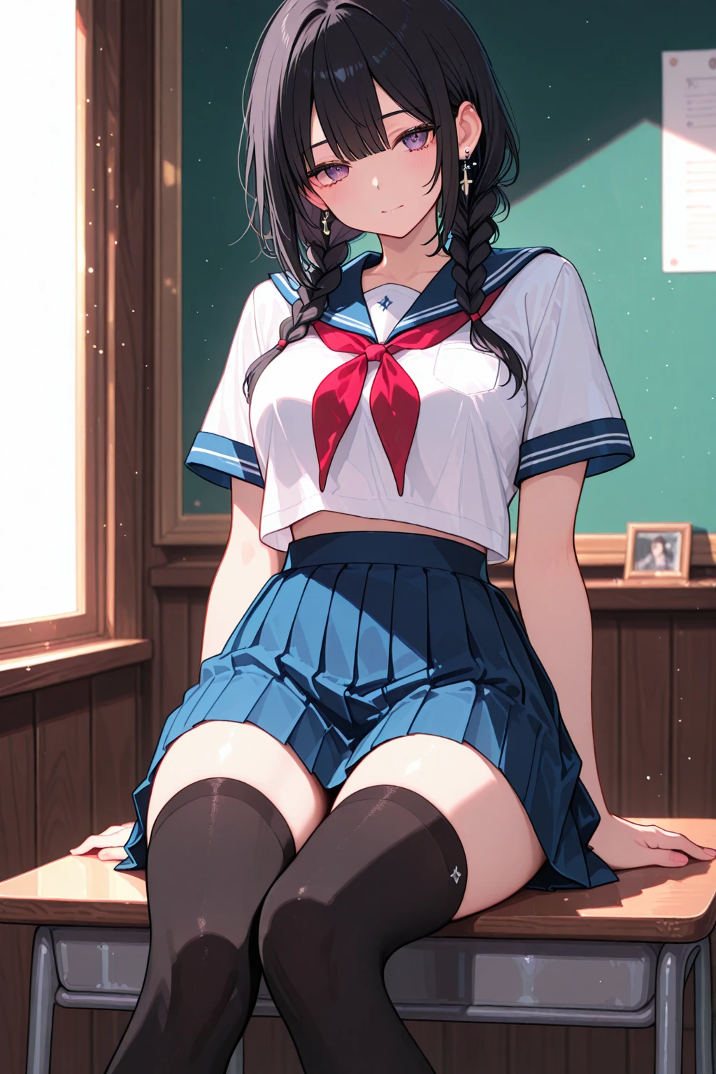 Anime Girls , a hyper realistic , Beautiful anime school girl, hyper realistic , seductive Anime Girls, cute , beautiful Anime Girls, pretty Anime Girls, Beautiful and attractive anime teen、Emphasize cleavage)、Short pigtails、、Wicked Smile、、、((Blue bow tie、、Checked skirt、(((Micro Mini Skirt)))、、loose socks、