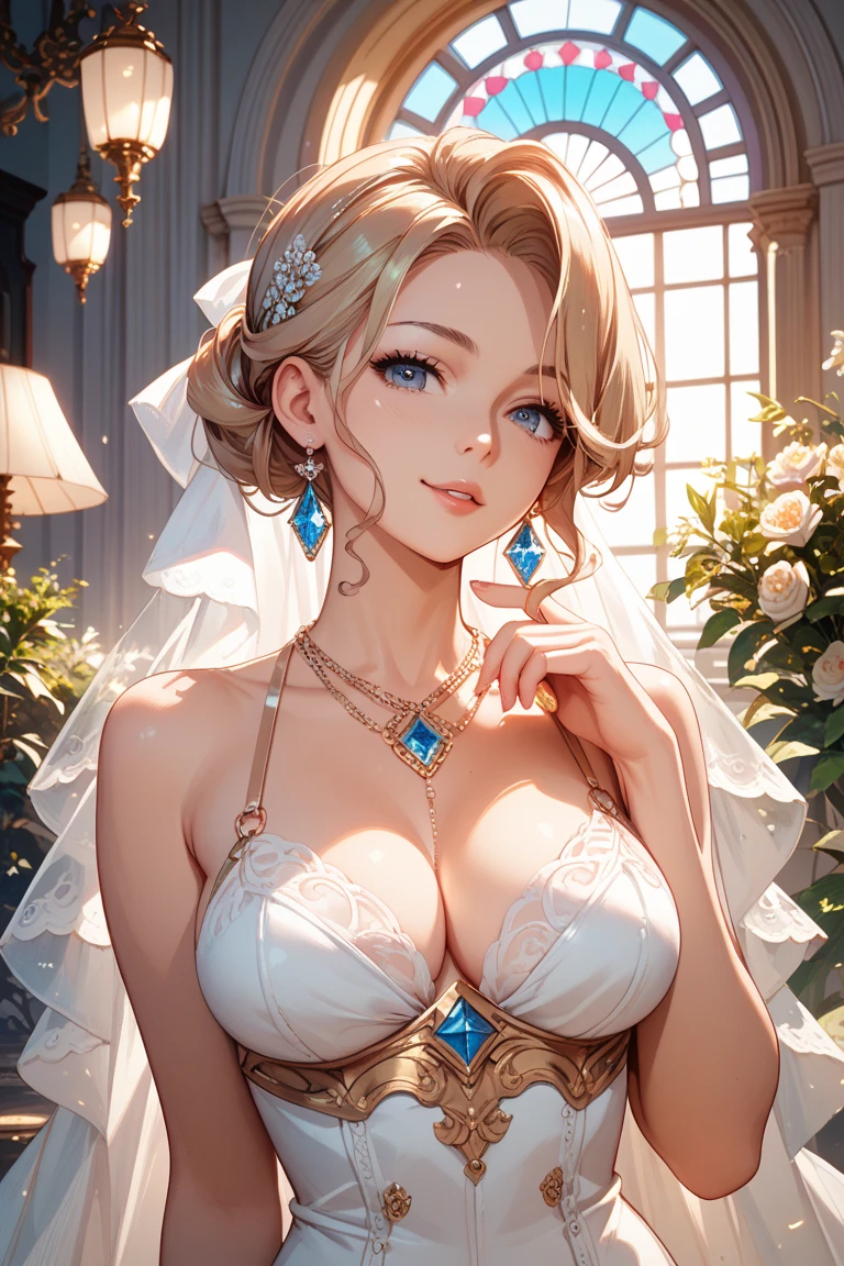 ((((masterpiece, best quality, high resolution)))), Extremely detailed 8K, Beautiful girl with slender body, (Ultra HD, Ultra-detailed, Highly detailed, Highly realistic, Ultra-realistic, photograph realistic), (1girl:1.5), (Realistic white hair), short wavy hair, bob cut, purple eyes, average breasts, cleavage, (dynamic poses), facing at camera, light smile, parted lips, (beautiful detailed face, beautiful detailed eyes) blush, light smile, glow, thighs, bare shoulders, collarbone, narrow waist, cleavage, bedroom, night, night light, (wedding dress, bridal veil, bridal garter)