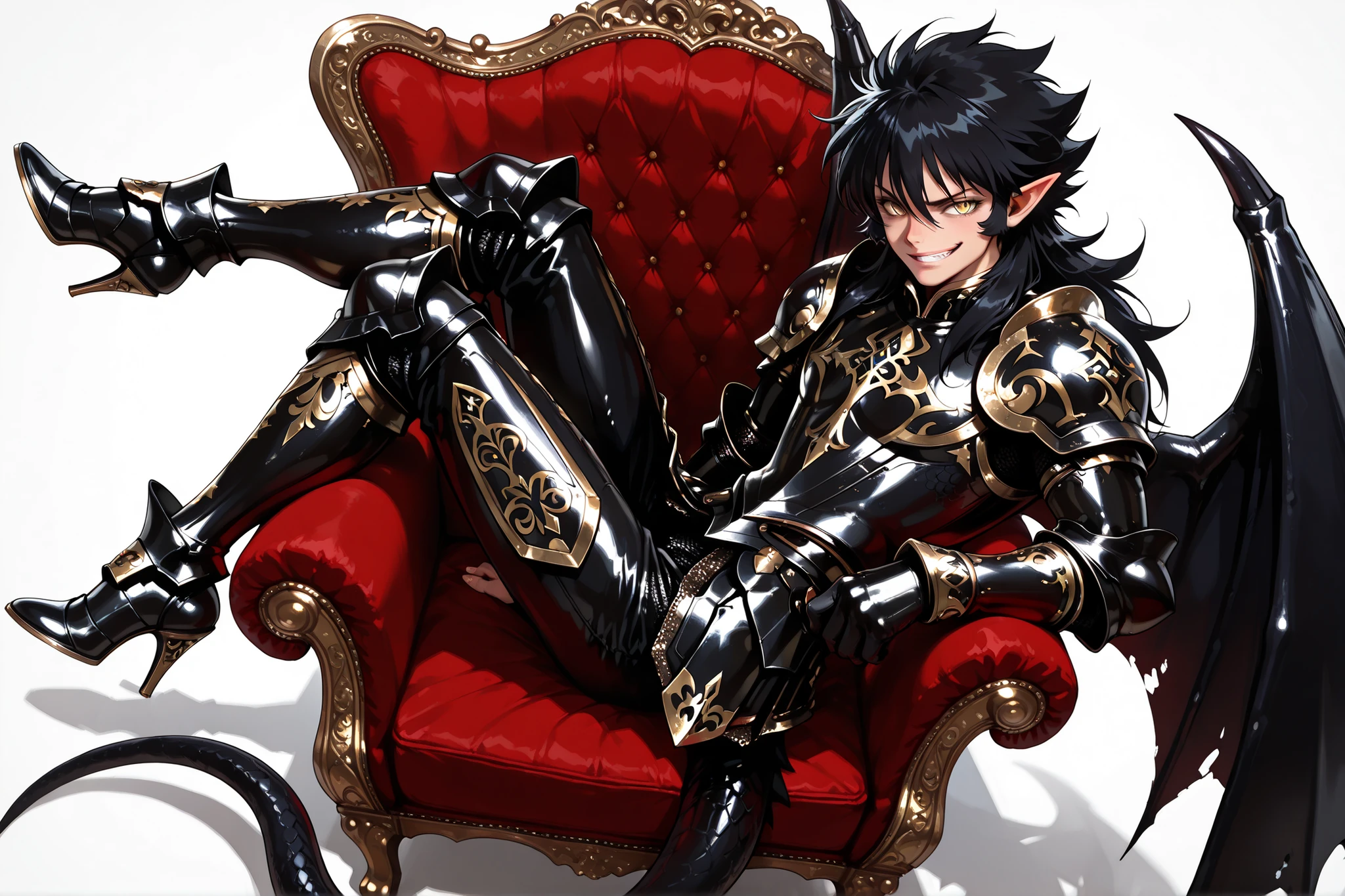 score_9, score_8_up, score_7_up, absurdres, (((128K Ultra High Resolution))), (masterpiece, best quality: 1. 5), (high definition: 1, 4), highres, 8K wallpaper, (excellent graphics: 1. 5), CG, (((Japanese Anime style))), (Black Saint Seiya), (1 male), solo, ((lean body, masculine)), weredragon, glossy black, shiny black leather, ((beautiful golden eyes, finely detailed eyes, bright eyes, slit pupils)), hair between eyes, black hair, long hair, sideburns, wild hair, (sly grin, sinister grin, smirk), teeth, confident, (((ultra detailed face))), shiny skin, long pointy ears, twisted torso, long-legged, sculpted face, wasp waist, dragon horn, dragon tail, dragon wings, dragon sharp claws, (black armor with a lot of grandiose decorations: 1. 5), half dragon half human, (sit cross-legged, closed legs, sit sideways, luxury carved red plush velvet chair: 1. 5), (dramatic angle, dynamic pose: 1. 5), (ultra detailed black armor, well-polished black armor: 1. 5), (gold-adorned armor: 1. 5), all black outfit, full body, sharp focus, good-looking man, (best illustration, highly detailed artwork: 1. 5), (cinematic), dramatic lighting, (intricate detail, extreme detailed, super detailed: 1. 5), (stark contrast, heavy shadows: 1. 3), detailed black decorations, beautiful & aesthetic, photoreal, (from side), ((from above)), (mysteriously crafted black metal armor: 1. 5), thick & luxuriant hair, (ultra detailed fantasy black armor, wonderful black armor: 1. 5), (realistic metal texture), broad shoulder, true-to-life visuals, artistically refined, (extremely delicate & beautiful armor, elaborate armor details: 1. 5), (giant black armor, dark armor, stylized armor: 1, 5), (((armor-type high heels))), (extremely detailed armor with intricate engravings, intricate armor with gold ornaments: 1. 5), ((very gorgeous and dazzling)), (dark fantasy black knight: 1. 5), slim waistlines, wide chested, sinewy body, (Hyper Detailed & Perfectly Designed Black Armor: 1. 5), (simple white background)