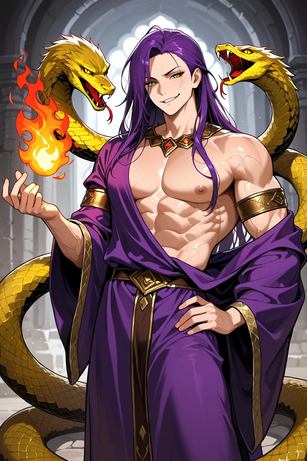 male snake man, light purple hair to waist length, purple eyes, white mask with red eyes on the mask, cloak, purple and white snake tail with yellow border, pointed ears, few purple scales on belly and arms. gold ring on waist, abs