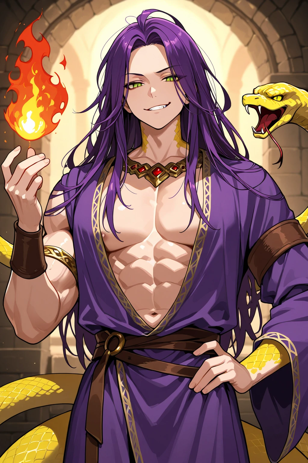 male snake man, light purple hair to waist length, purple eyes, wearing a blue-gray cloak, purple-white snake tail with yellow border, pointed ears, has some purple scales on belly and arms. gold ring on waist, smiling, abs