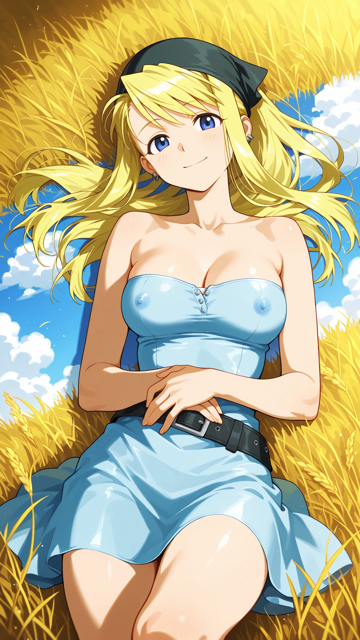 BREAK (masterpiece:1.2), best quality, high resolution, unity 8k wallpaper, (illustration:0.8), endless golden wheat field under a clear bright blue sky, soft fluffy clouds drifting slowly, vivid summer sunlight casting warm glow on the field, gentle breeze swaying the wheat stalks, peaceful and cinematic atmosphere, ultra-detailed natural lighting,winry rockbell, blue eyes, blonde hair,earrings,strapless, bandana,belt,sexy blue summer dress,white high kneesocks,cleavage,floating dress,looking at viewer,cowboy shot,wide-angel,seductive pose,berely vissible nipples,lying on field,lying on back,smile,from above