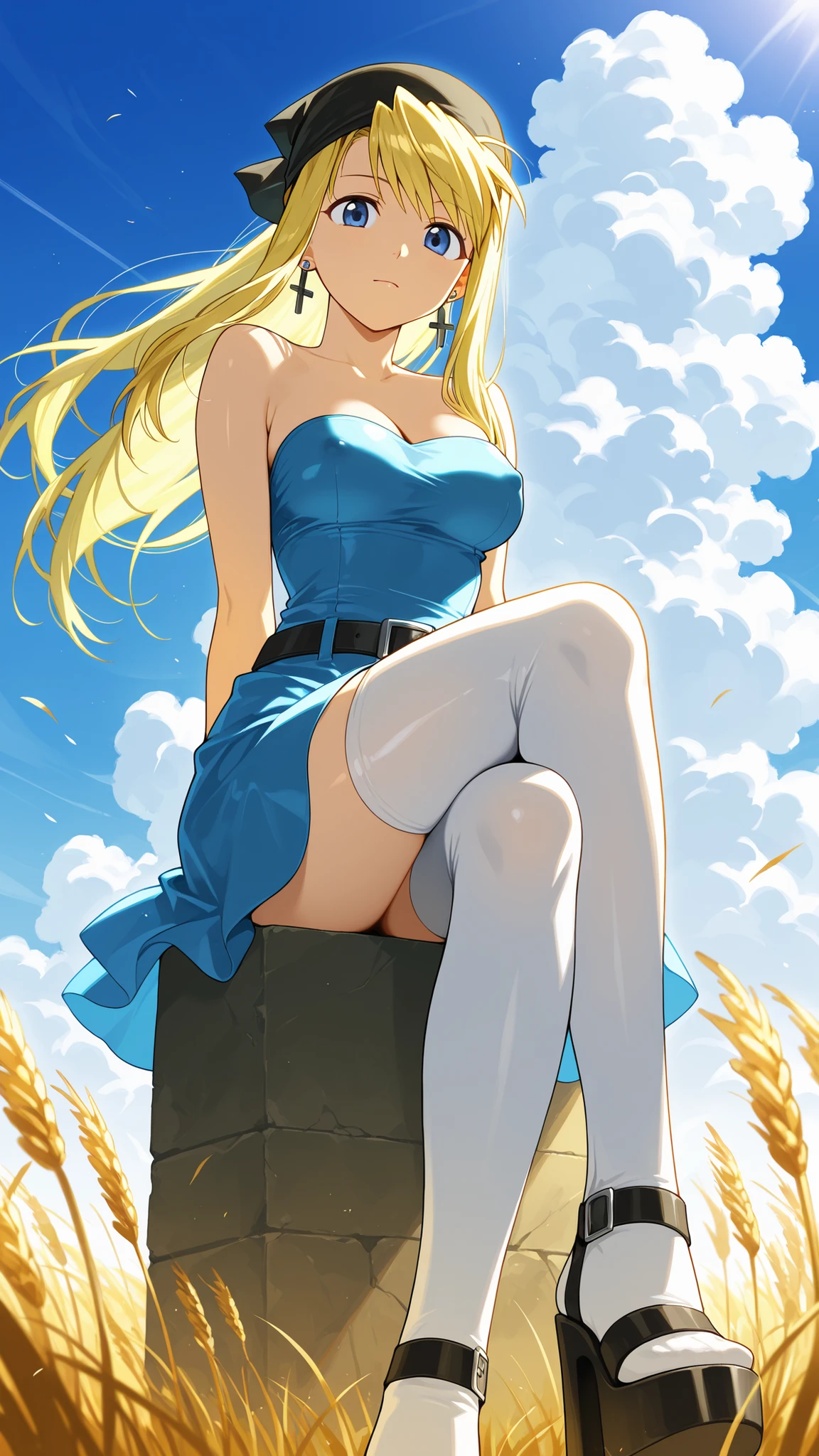 BREAK (masterpiece:1.2), best quality, high resolution, unity 8k wallpaper, (illustration:0.8), endless golden wheat field under a clear bright blue sky, soft fluffy clouds drifting slowly, vivid summer sunlight casting warm glow on the field, gentle breeze swaying the wheat stalks, peaceful and cinematic atmosphere, ultra-detailed natural lighting,winry rockbell, blue eyes, blonde hair,earrings,strapless, bandana,belt,sexy blue summer dress,white high kneesocks,cleavage,floating dress,looking at viewer,cowboy shot,wide-angel,seductive pose,berely vissible nipples,sitting,cross legs,platform heels,from below,