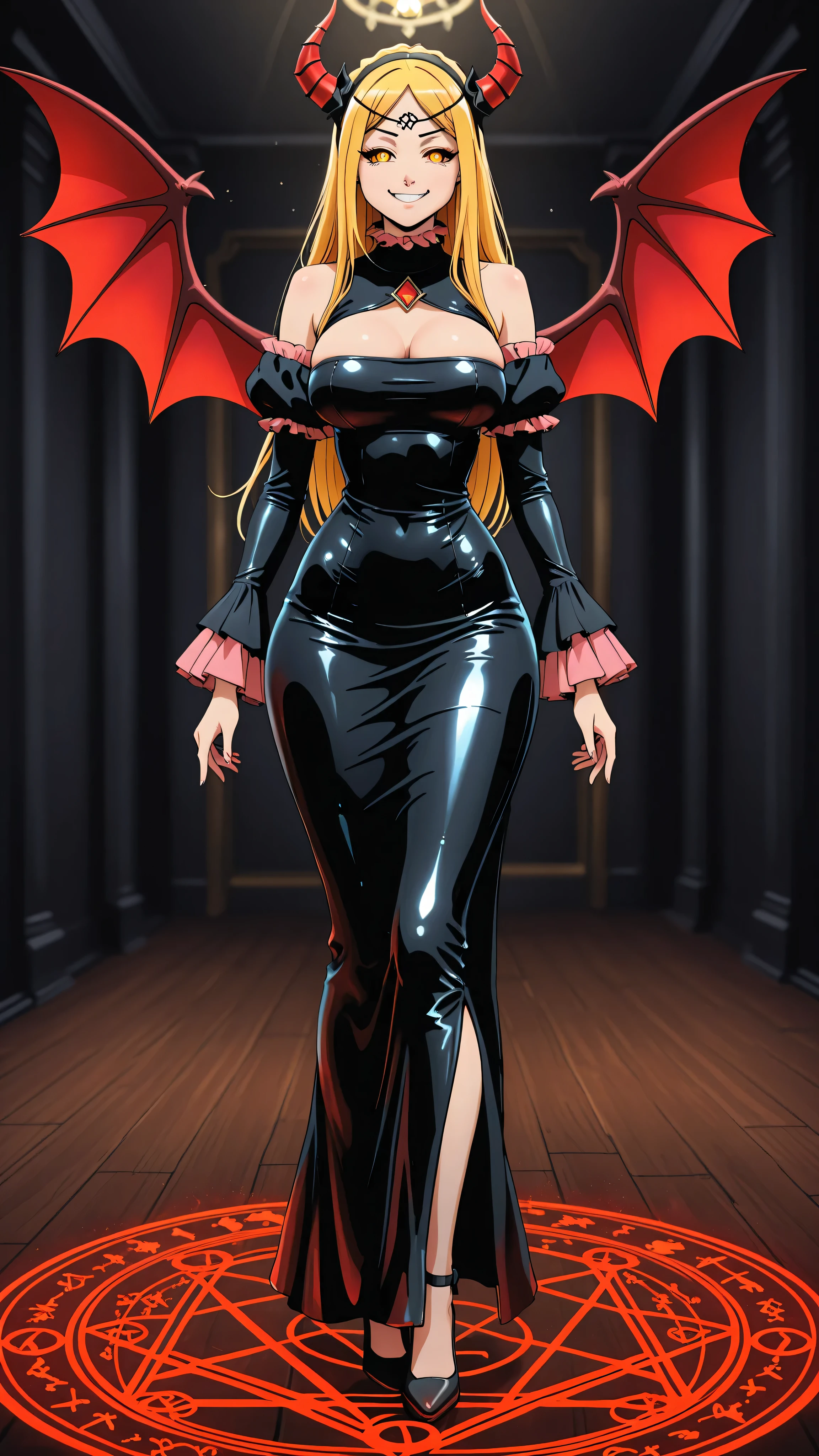Renner. long golden blonde hair, eyes with white sclera, black iris and red pupils, headband with red horns. Black latex tube dress. Fitted with long flared sleeves, shoulders, big . narrow waist, wide . wide thighs. black high heels. Standing on a magic circle with a star with 5 peaks and runes around it, illuminated in red color. in a large room with black walls, on its back it has small red bat wings. It has a smug expression and smile.