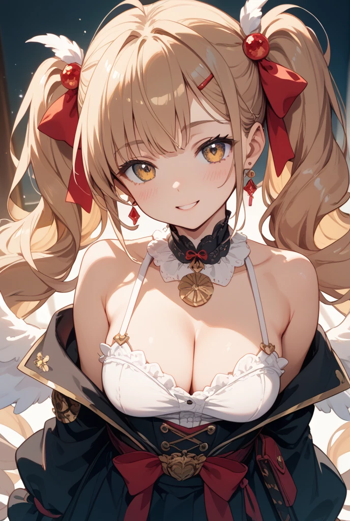 (extremely detailed CG, best quality:1.1), 1girl, perfect face, bright pupils, (finely detailed beautiful eyes:1.1), shiny skin, lustrous skin, wide hips, narrow waist, long hair, fox ears, animal ear fluff, fox girl, yellow eyes, fox tail, japanese clothes, white kimono, fur-trimmed kimono, rope, cleavage, wide sleeves, off shoulder, barefoot, detached collar, talisman,cowboy shot, simple background, black background, large breasts,evil grin,