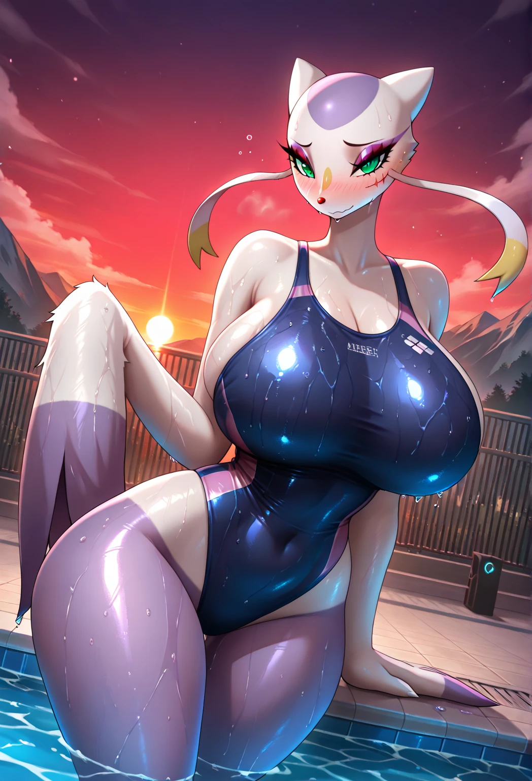 cute bunny girl,(((1girl))),((bunny girl with extremely cute and beautiful aqua hair)),(((bunny girl:1.5,anthro furry cute,bunny-girl))),(((bunny ears:1.5,bunny ears on head:1.5,big bunny ears))),

(large breasts:1.4),saggy breasts,(((aqua_hair  ponytail:1.35,aqua_hair:1.3,colored inner hair,ear breathing,large hair))),((heterochromia:1.5, (aqua_eye and pink_eye))),intricate eyes,beautiful detailed eyes,symmetrical eyes,big eyes:1.3,((fat)),(((lustrous skin:1.5,bright skin: 1.5,skin tanned,shiny skin,very shiny skin,shiny body,plastic glitter skin,exaggerated shiny skin,illuminated skin,wet legs))),(spider lower abdomen,narrow waist,wide hip,athletic body,inflated legs, thick thighs,detailed body,(detailed face)),

cute,slutty,seductive,erotic,(nsfw),

zettai ryouiki,(((race queen style costume, attractive companion costumes,pit girl costume))),(magenta suit unbuttoned,magenta costume),(((huge cleavage))),cleavage cutout,((wet clothes,intricate outfit,intricate clothes)),

(dynamic pose:1.0),solo focus,embarrassed,(centered,scale to fit dimensions,Rule of thirds),

cyberpunk city by the ocean at night, with bright neon signs and dark stormy clouds and puddles, scenery:1.25,nighttime, starry night, cosmos,Very dark night that makes the neon lights stand out, very bright neon lights,nighttime, starry night, cosmos,

artistic photography,(photography taken by sldr),highres, sharp focus,(ultra detailed, extremely detailed), (photorealistic artwork:1.37),(extremely detailed CG unity 8k wallpaper),((synthwave background theme)),(((vibrant colors))),intricate,(intricate background),(masterpiece),(best quality),perfect rendered face,perfect face details,realistic face,photo realistic,analog style,((intricate detail)),(((realism))),
