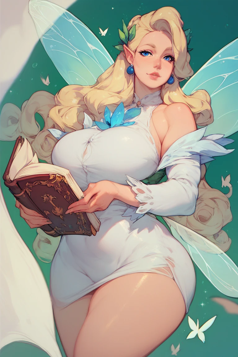 One girl, Aphrodite, blonde, long hair, staright hair, bangs, glowing eyes, pink eyes, chiton, ripped clothes, nipples, pussy, pubic hair, floating, at night, pond, fireflies, flowers