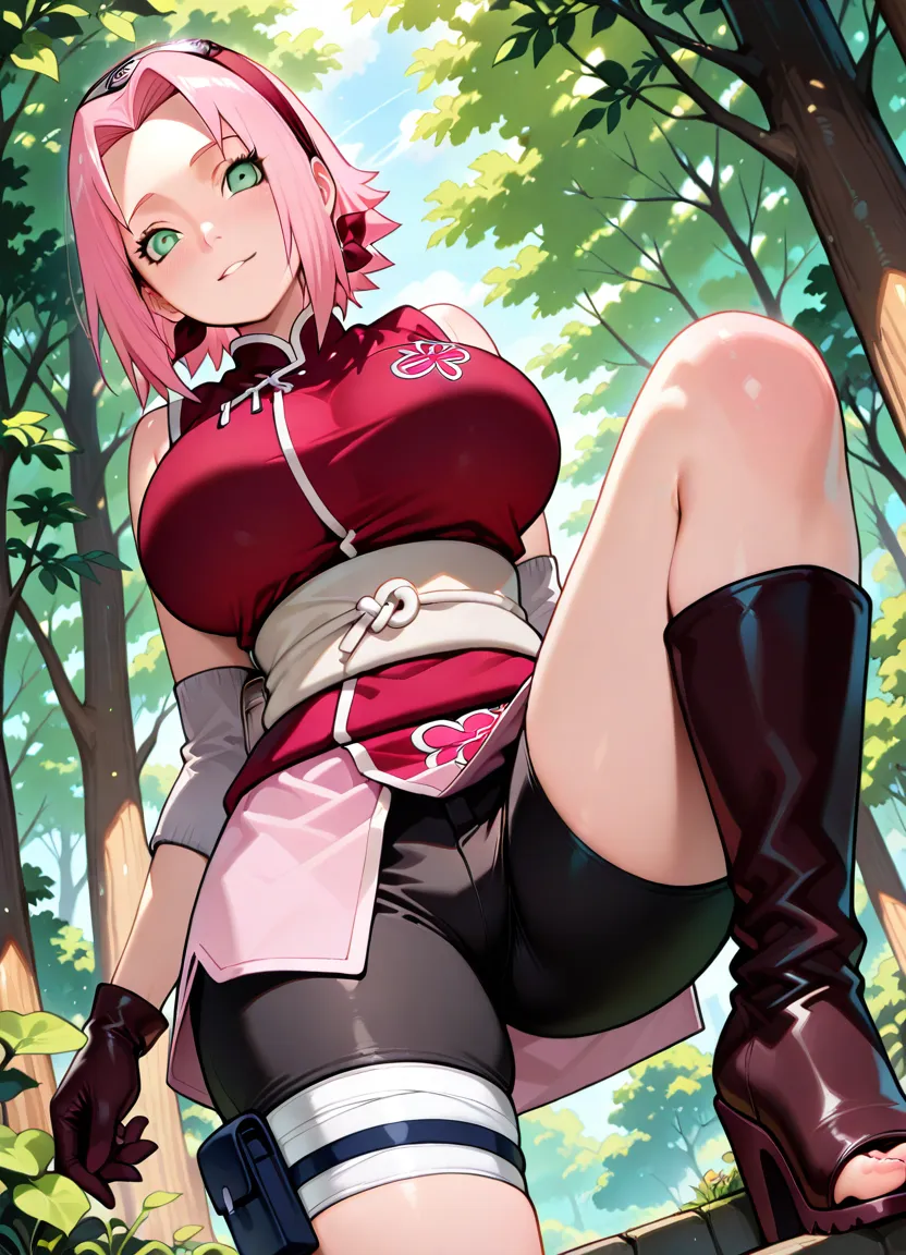 Sakura haruno, NSFW, ojos verdes , (Mejor calidad), parada, panties en las piernas, pecho desnudo, bragas blancas, sexy nude