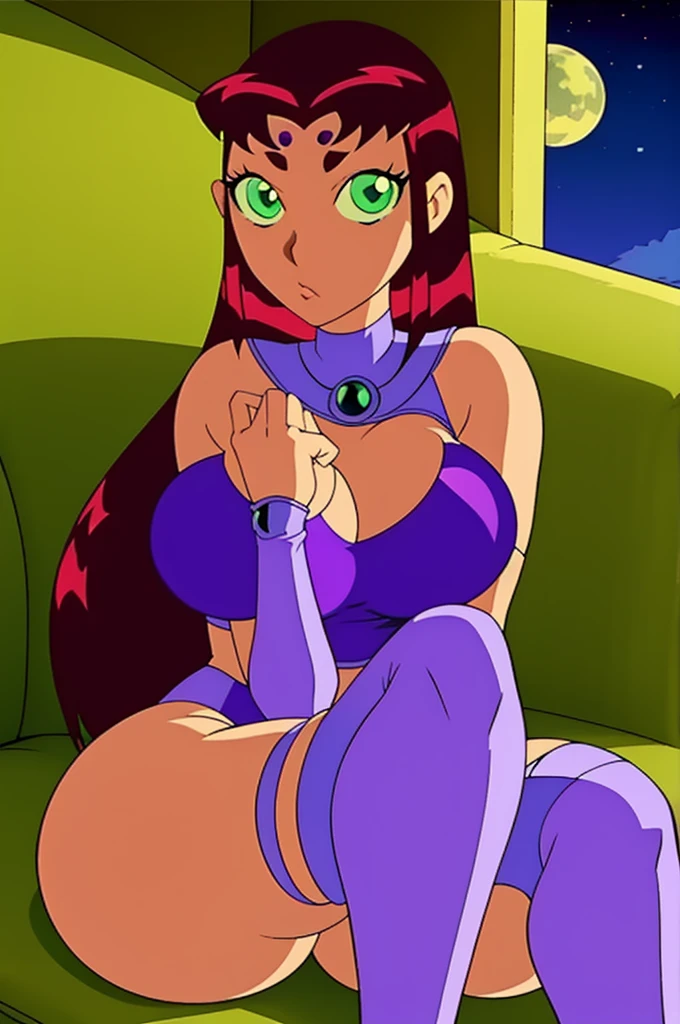 work of art, best qualityer, 1 girl, starfire, Red hair, long hair, greeneyes, orange peel, maid outfit, Kneeling, Stockings, looking ahead at viewer, Alone, indoors in bed showing her beautiful breasts, bedroom background sexy pose , agora de micro biquíni mais pequeno possível 😸o ela usa na cama mostrando seus seios, artificial intelligence where is the smallest micro bikini in?????