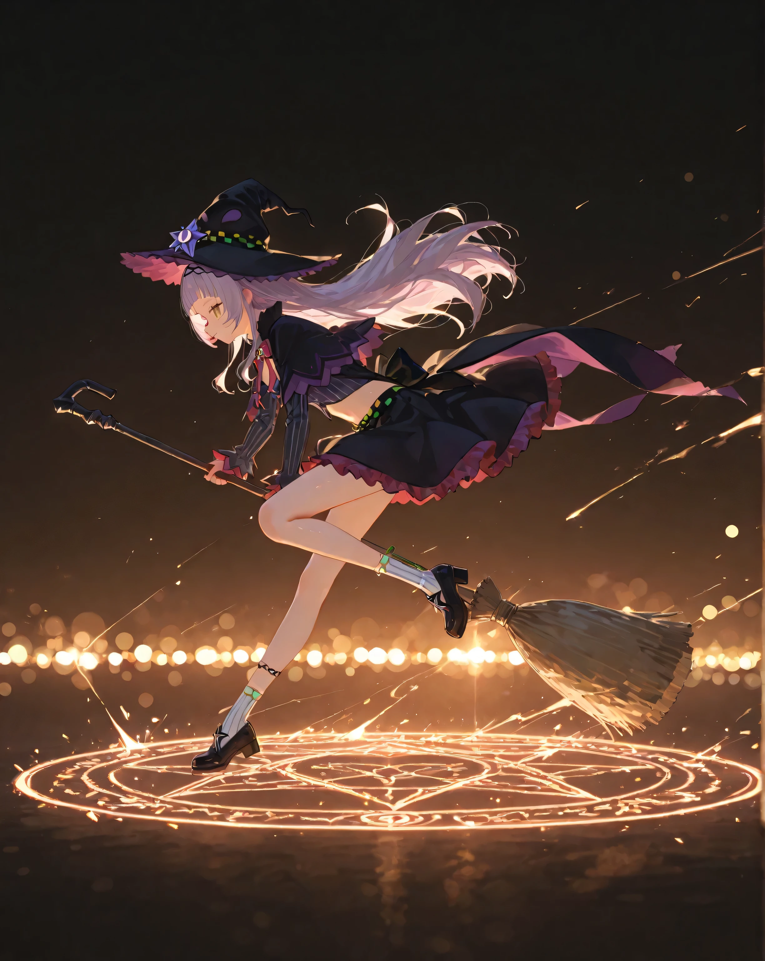 1girl, Murasaki Shion_(Hololive), High Quality, masterpiece, 4K, 8k, Hi-Res, Super Detailed, HDR, super high resolution, studio lighting, ultra fine painting, extremely detailed explanation, Professional, brightly colored, Bokeh, Anime Style,source anime ,glossy skin, cinematic, masterpiece, 最High Quality, Good quality, Newest, riding a broom, flying, has a cane, It casts magic, magic circle, 