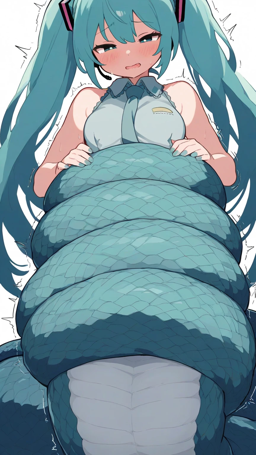 Lamia girl, blue snake tail, brown skin, long black hair, tropical forest, long snake tail instead of legs, no legs, legless