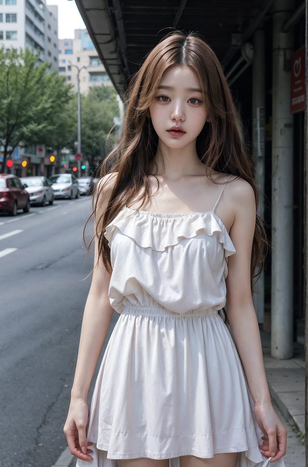 1 Girl,Main Street,Soft Light,Chinese Beauty,dress,Dark-haired,long hair,