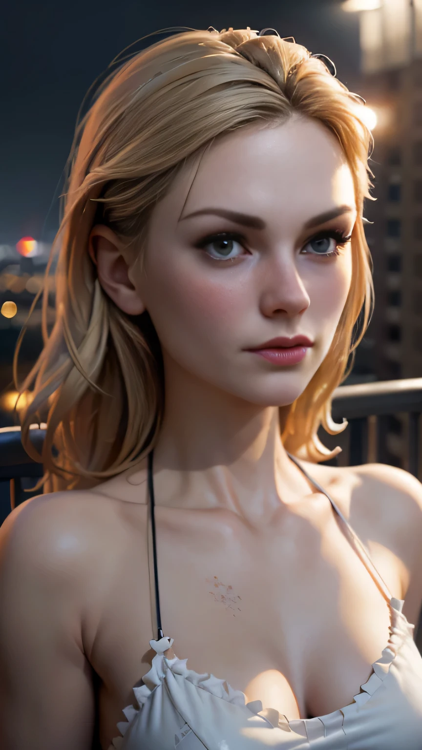 photo of Anna Paquin, RAW, beautiful woman, ((portrait)), ((detailed face:1.2)), ((detailed facial feature, detailed skin, clear skin), (perfect proportioned body), (wearing a slip dress) (high detailed city environment, apartment balcony), (realistic photo, best quality, detailed), (8k wallpaper), (cinematic lighting, dramatic lighting) (sharp focus, intricate)