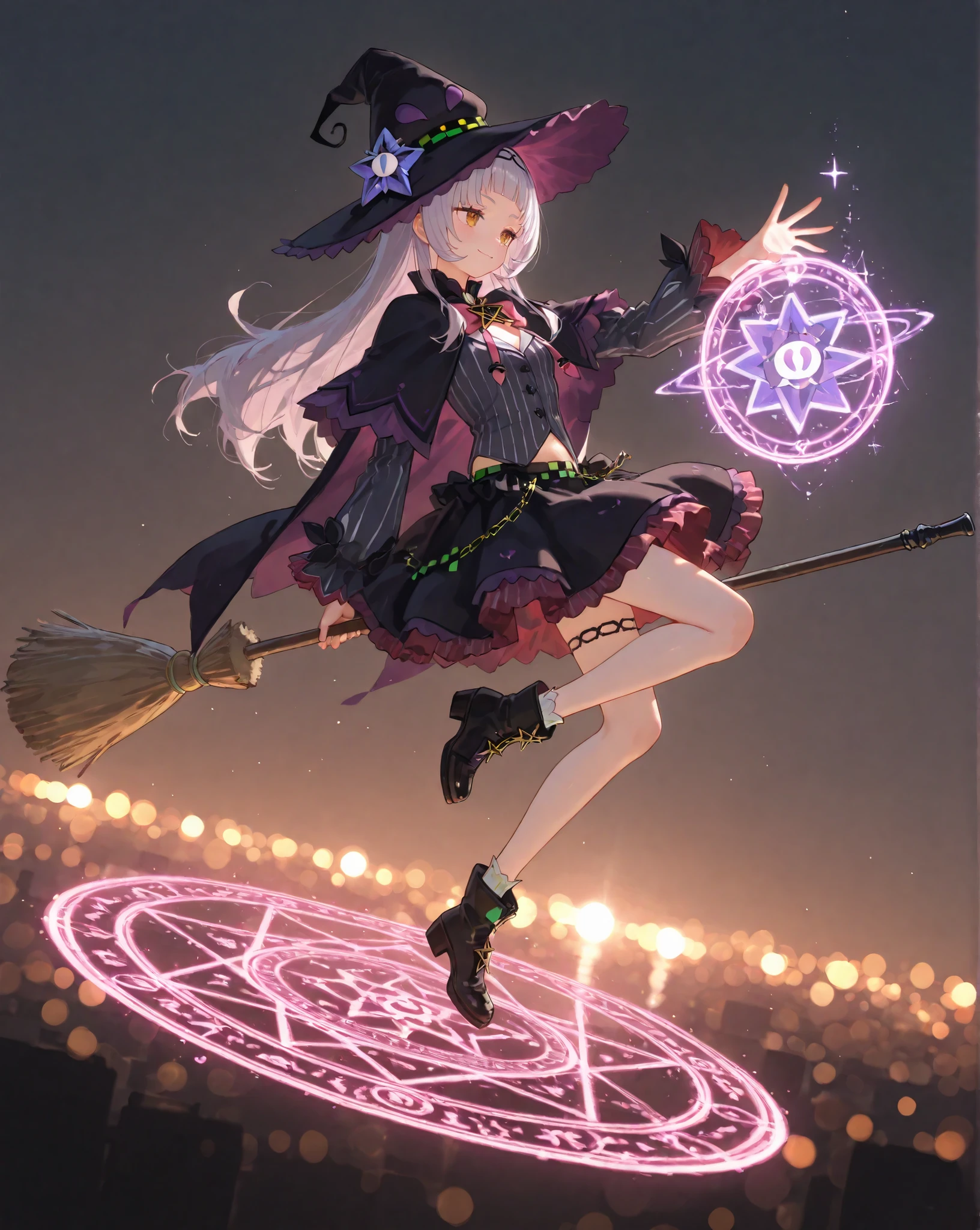 1girl, Murasaki Shion_(Hololive), High Quality, masterpiece, 4K, 8k, Hi-Res, Super Detailed, HDR, super high resolution, studio lighting, ultra fine painting, extremely detailed explanation, Professional, brightly colored, Bokeh, Anime Style,source anime ,glossy skin, cinematic, masterpiece, 最High Quality, Good quality, Newest, riding a broom, flying, has a cane, It casts magic, magic circle,