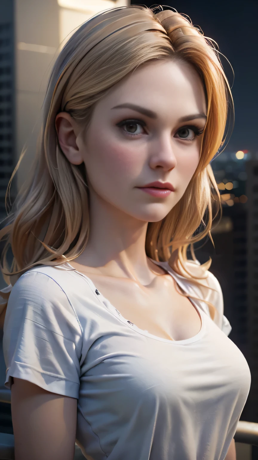 photo of Anna Paquin, RAW, beautiful woman, ((portrait)), ((detailed face:1.2)), ((detailed facial feature, detailed skin, clear skin), (perfect proportioned body), (wearing a T-Shirt dress) (high detailed city environment, apartment balcony), (realistic photo, best quality, detailed), (8k wallpaper), (cinematic lighting, dramatic lighting) (sharp focus, intricate)
