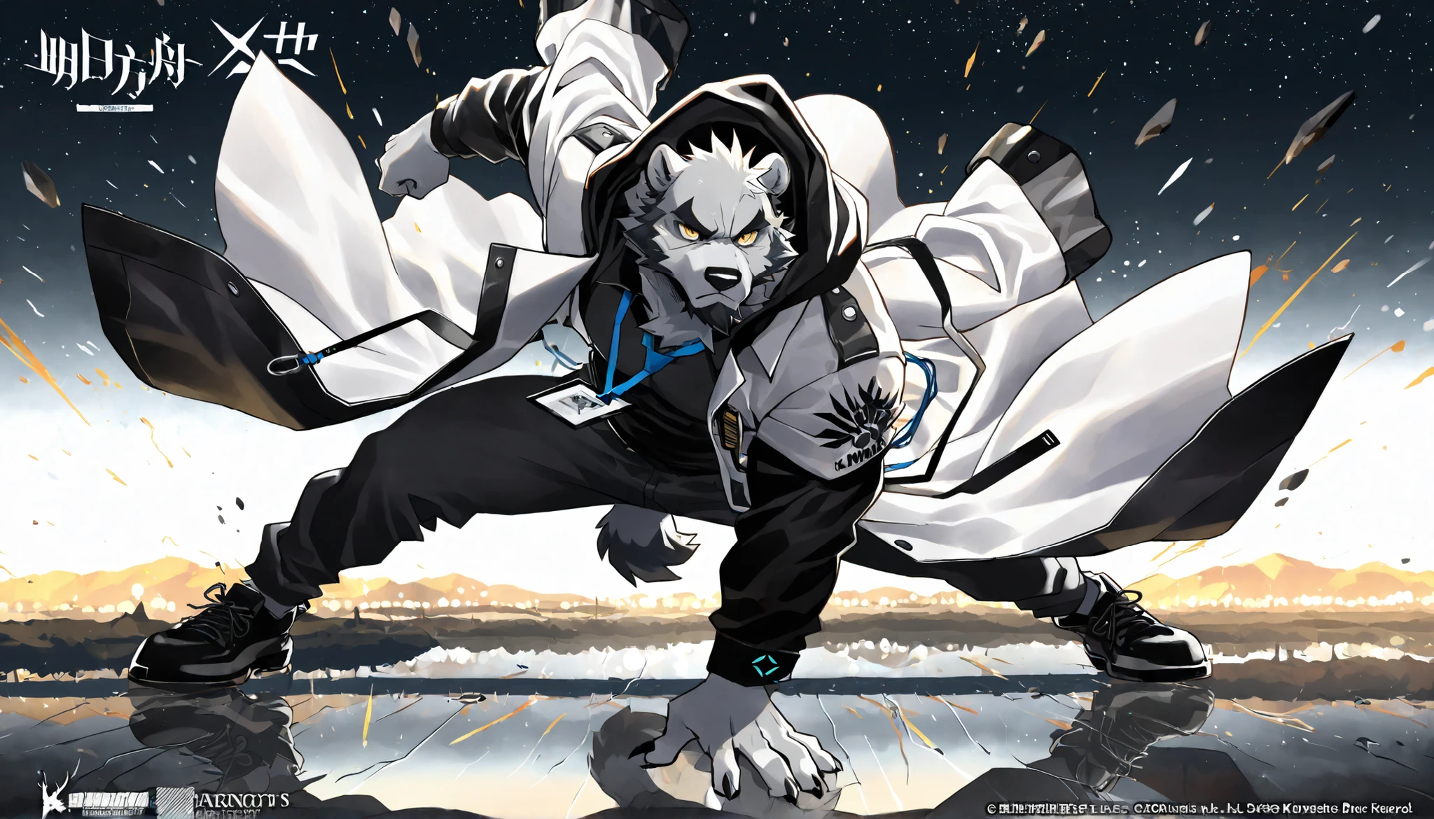 (masterpiece:1.2), best quality,pixiv,official art,perfect anatomy, (Ray tracing, light),solo, (1_male:1.3) , (muscle), (grey fur:1.4), (muscle bear), (beard:1.2), (golden eyes), bear tail, full body, Thick black eyebrows,floating white hoodie coat,arknights style clothes inside,black shirt, tie, id card, serious,Print Style, artist:takemoto arashi,night sky, uyuni lake,Reflection, white background, dynamic pose, style:arknights