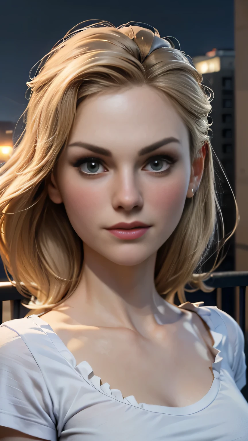 photo of Anna Paquin, RAW, beautiful woman, ((portrait)), ((detailed face:1.2)), ((detailed facial feature, detailed skin, clear skin), (perfect proportioned body), (wearing a T-Shirt dress) (high detailed city environment, apartment balcony), (realistic photo, best quality, detailed), (8k wallpaper), (cinematic lighting, dramatic lighting) (sharp focus, intricate)