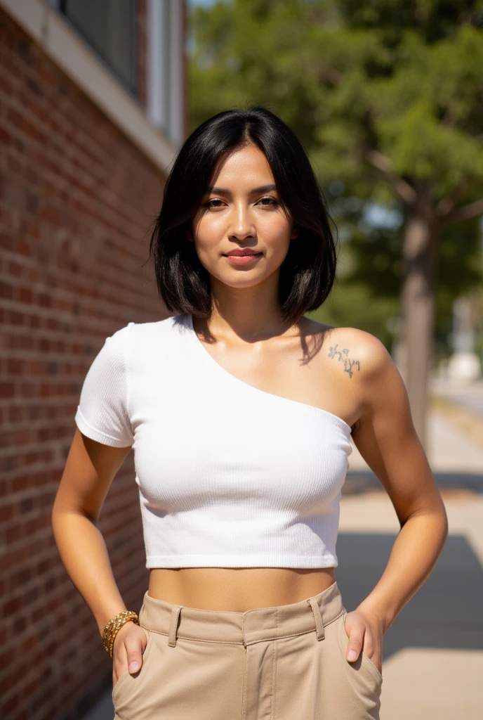 (extreme wide shot:1.5),(thai Women),(street art:1.5),(super highponytail hair),(Detailed Background:2),(huge breast:1.5),(T-shirt:1.5),((Necklace)),Earrings,grin,darkskinned,top-quality,(((masutepiece))),8K,((Photorealsitic))),