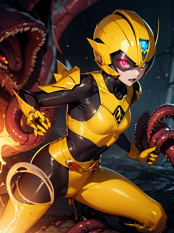 PWHN, makeup, ponytail, blue eyes, smile, upper teeth, from above,
solo, standing, , cameltoe, small crown.black Skull Cap, head antenna ,
yellow striped bodysuit, skin tight,
high mountain, dusk, stars, purple sky,
(insanely detailed, beautiful detailed face, masterpiece, best quality)
<lora:princessWHN-10V3:0.7>