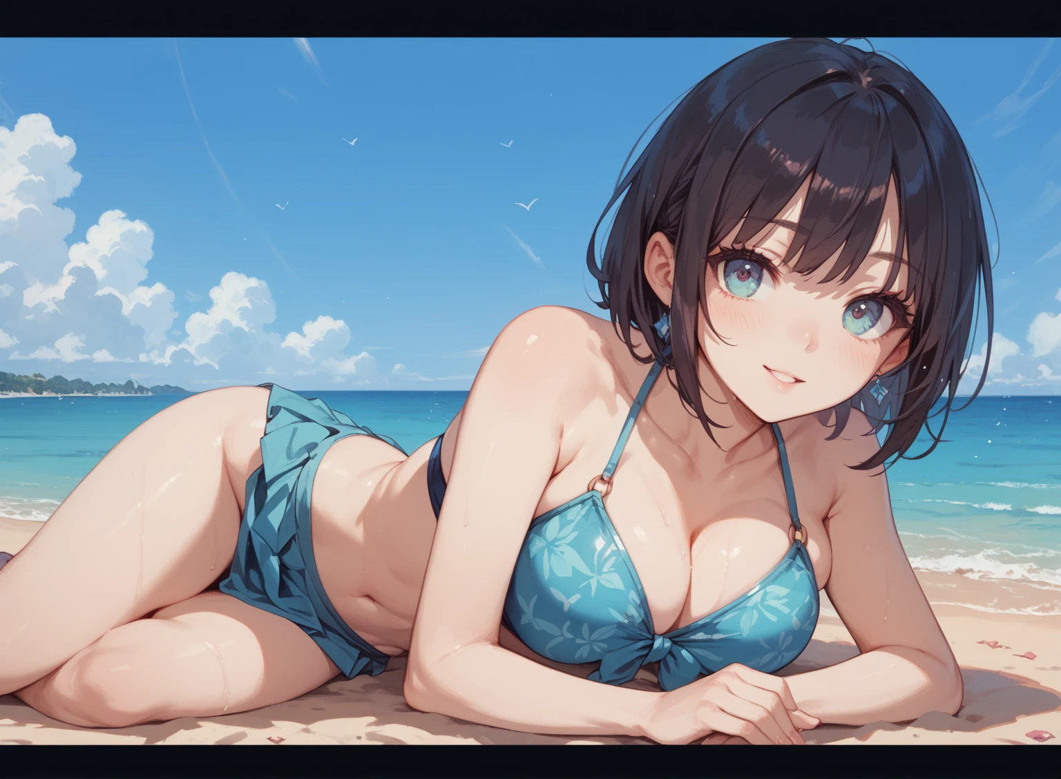 Best Quality, High resolution, Unity 8k壁纸, (Illustration:0.8), Perfect Lighting, extremely details CG, (Perfect hands, Perfect ???????),masutepiece, Best Quality, hight resolution, nffsw, Short hair, hair clips, Large breasts,  embarrassed, Blushing, A smile,  Looking at Viewer,  (a white bikini:1.3)、(the beach:1.3)、