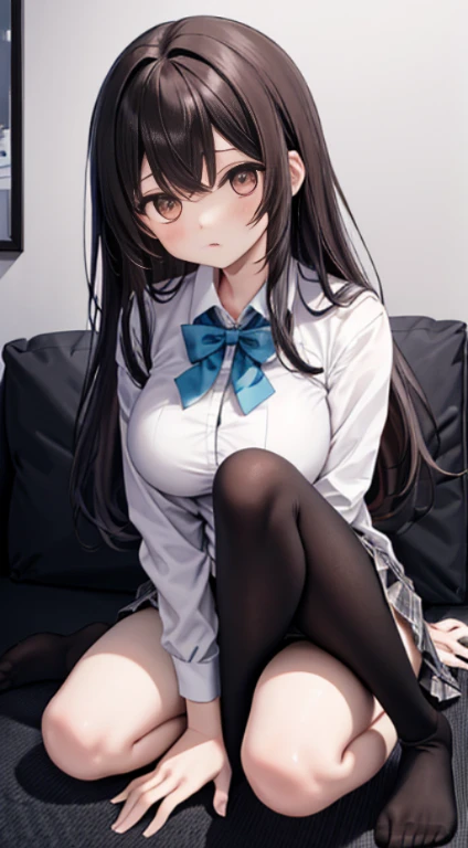 masterpiece, best quality, 1girl, solo, long hair, looking at viewer, skirt, black hair, school uniform, purple eyes, pantyhose, pleated skirt, horns, serafuku, cardigan, oni horns, open cardigan, black panty, floral lace undies, cameltoe, show panties, sitting sexily, open legs, spread legs, miniskirt, paw hand pose, sitting on couch, open legs sitting