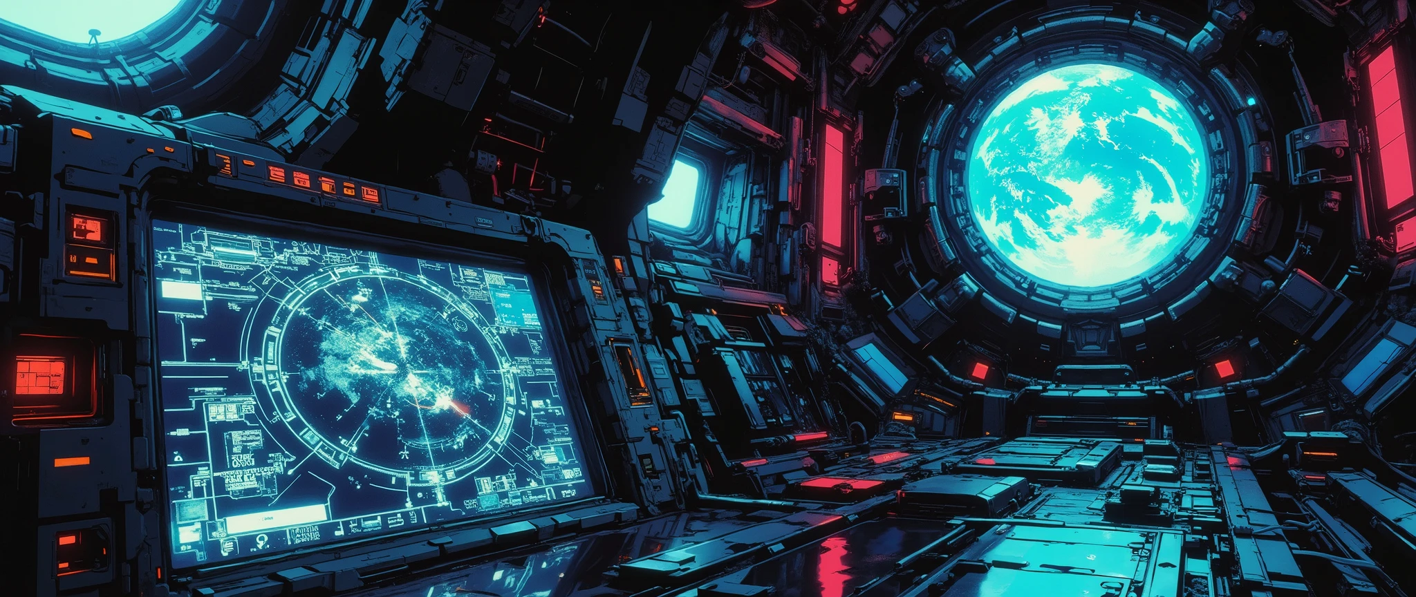 [[Anime Scene]] Masterpiece, ultra-detailed, 90s anime style, anime setting, dark retro atmosphere. Interior of a retro-futuristic cyberpunk spaceship. The scene closes on the GPS monitor of a ship's control panel, red numbers on the screen. Defined and perfect lines. The color palette is cel-shaded, tritonal, with sharp and defined lines typical of 90s anime. The lighting is minimal, with red and blue accents glowing in small indicator lights. Rendered in the style of Vampire Hunter D: Bloodlust, Blame! and Black Lagoon—with a cinematic, gothic, and dark fantasy feel. [[Low angle]] [[Close-up of the monitor showing planet Earth's GPS in hologram]] High-resolution image, 32k, well-defined and sharp art.