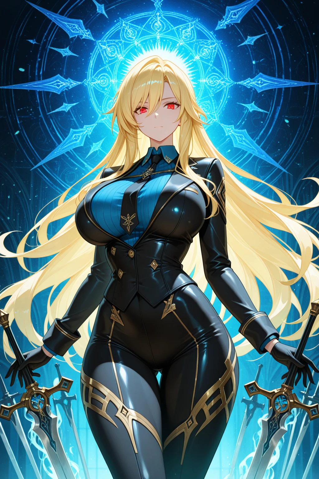 Nara Vor EndField has long, flowing blonde hair that reaches her waist and piercing blue eyes, reflecting intelligence and sharpness. She wears a wide, full-length black dress with a high collar, covering her completely and adding a touch of elegance. Her serious and focused expression suggests determination and readiness for a challenge. The abstract, glowing background enhances the mysterious and dramatic aura surrounding her, emphasizing her strong and charismatic presence.