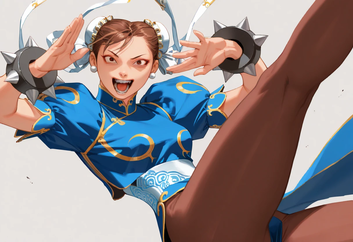 masterpiece, beautiful, 1girl, Chun li, street fighter, boots, bracelet, brown eyes, brown hair, brown pantyhose, bun cover, blue china dress, chinese clothes. cross-laced footwear, double bun, dress, fighting stance, full body, hair bun, jewelry, pantyhose, pelvic curtain, sash, short hair, solo, spiked bracelet, spikes, blue dress, dojo background