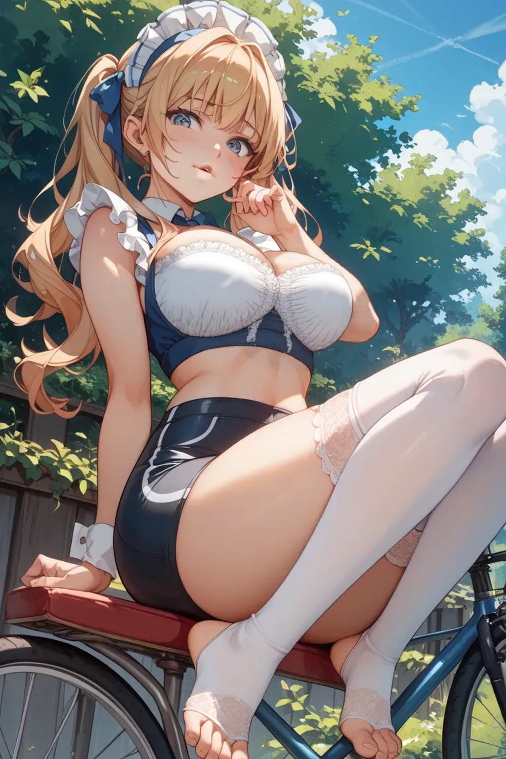 eririspencer, eriri sawamura spencer, blonde hair, blue eyes, blunt bangs, hair ribbon, hime cut, long hair, twintails, full body, full pose, ((medium BREASTS)), ((smile)), teeth, Grimace, ((sitting on rock)), ((spread legs)), BREAK, ((black pantyhose)),((armpits)),((hands behind head)), ((black lace bra)), zettai ryouiki, BREAK ((looking at viever), ((school shoes)), BREAK, ((playground background)), BREAK (masterpiece:1.2), best quality, high resolution, unity 8k wallpaper, (illustration:0.8), (beautiful detailed eyes:1.6), extremely detailed face, perfect lighting, extremely detailed CG, (perfect hands, perfect anatomy),