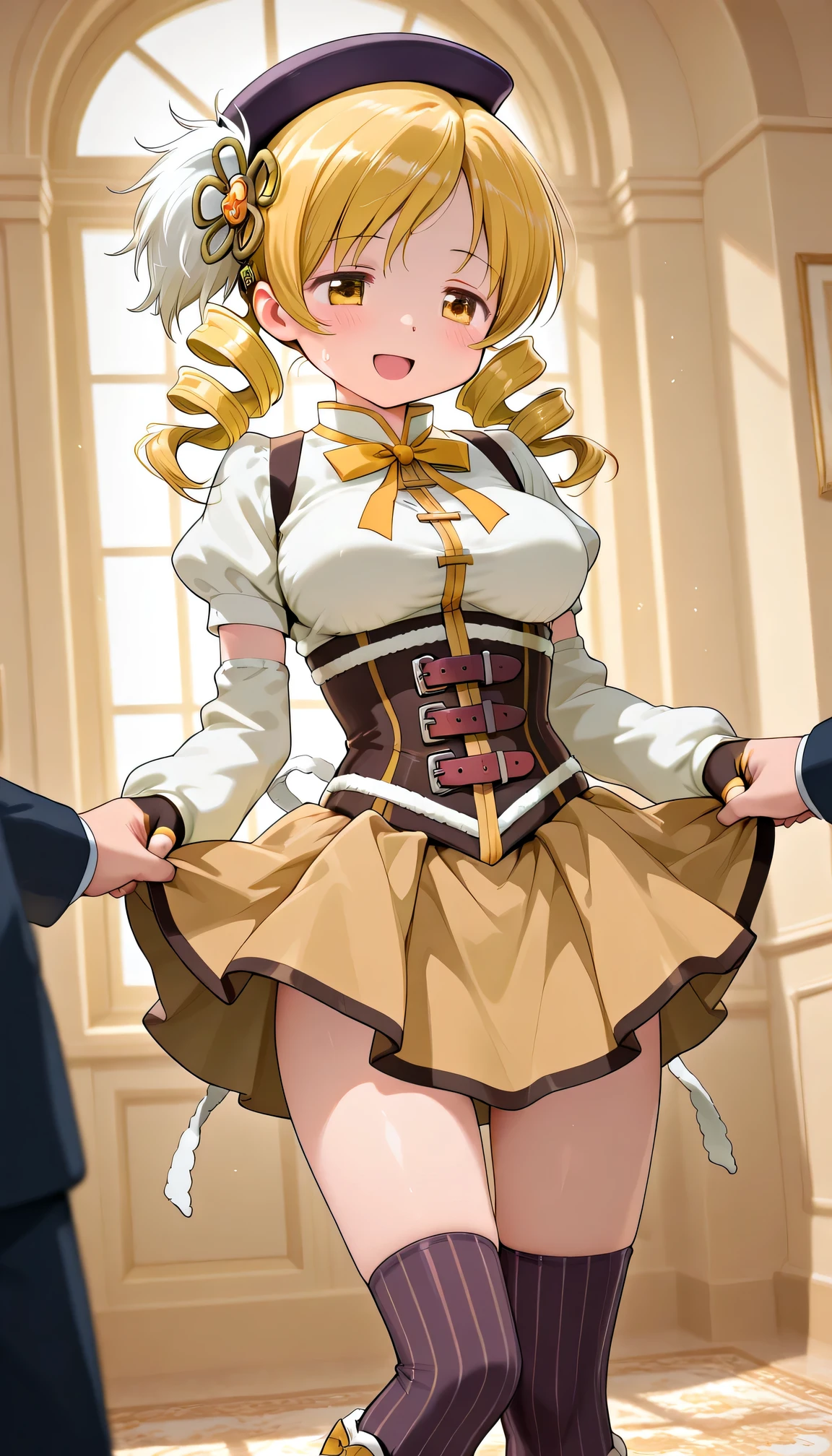 Mami Tomoe, happy , Magical Girl, lifting her skirt , ARREST, elegant room