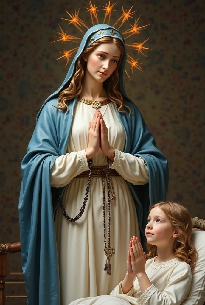 virgin Mary cradling the baby Jesus. She is dressed in a plain blue and white robe, a light veil covers her hair. heaven background. each have a halo behind their heads, mary has a crown on top of er head