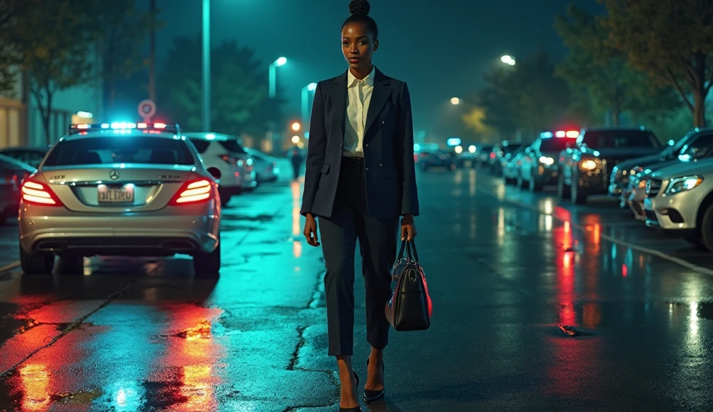 A cinematic, noir-style black woman in a pristine white blouse and fitted blue jeans, stride confidently down a bustling city sidewalk, her cellphone pressed to her ear amidst the urban symphony. Graffiti-laden walls, streetlights casting dramatic shadows, and the vibrant nightlife in the background.