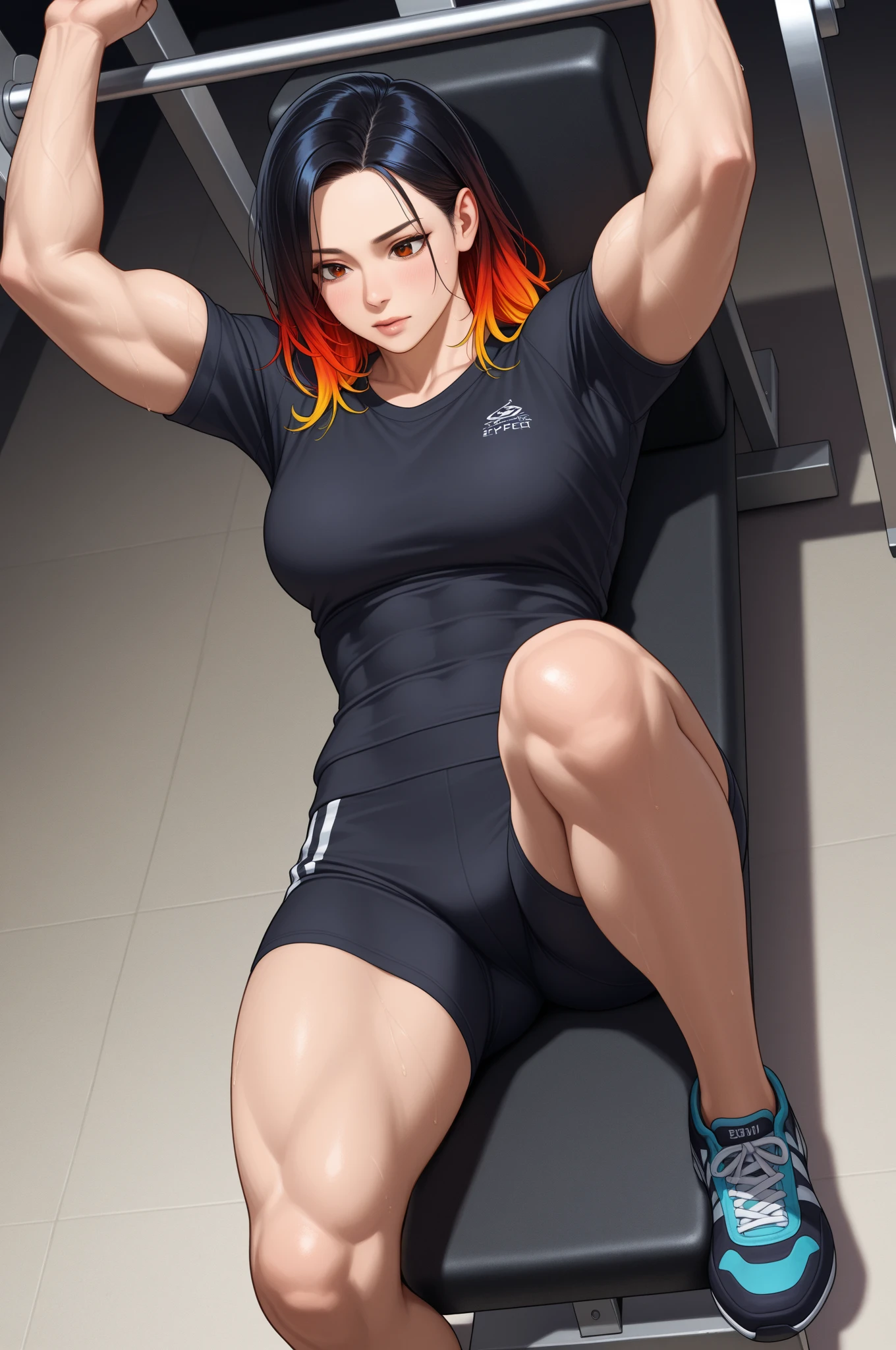 (Best quality at best,4K,8K,A high resolution,tmasterpiece:1.2),ultra - detailed,(actual,realistically,realistically:1.37), (Slim and toned abdominal muscles:1.5),(The leg muscles are very well developed),jpn, vibrant with colors, Studio lighting, dark ambiance, mistic, Sexy woman wearing black revealing outfit, Fierce and powerful, Roberto Ferry, Krenz Kushat and the artistic embryo, Kushat Wreath, A female character, Ivan Tara Vera and the Art Embryos, author: Yoshihiko Wada, Art EmbryoGreg Rutkowsky_greg, Poster art, Ricardo Falero