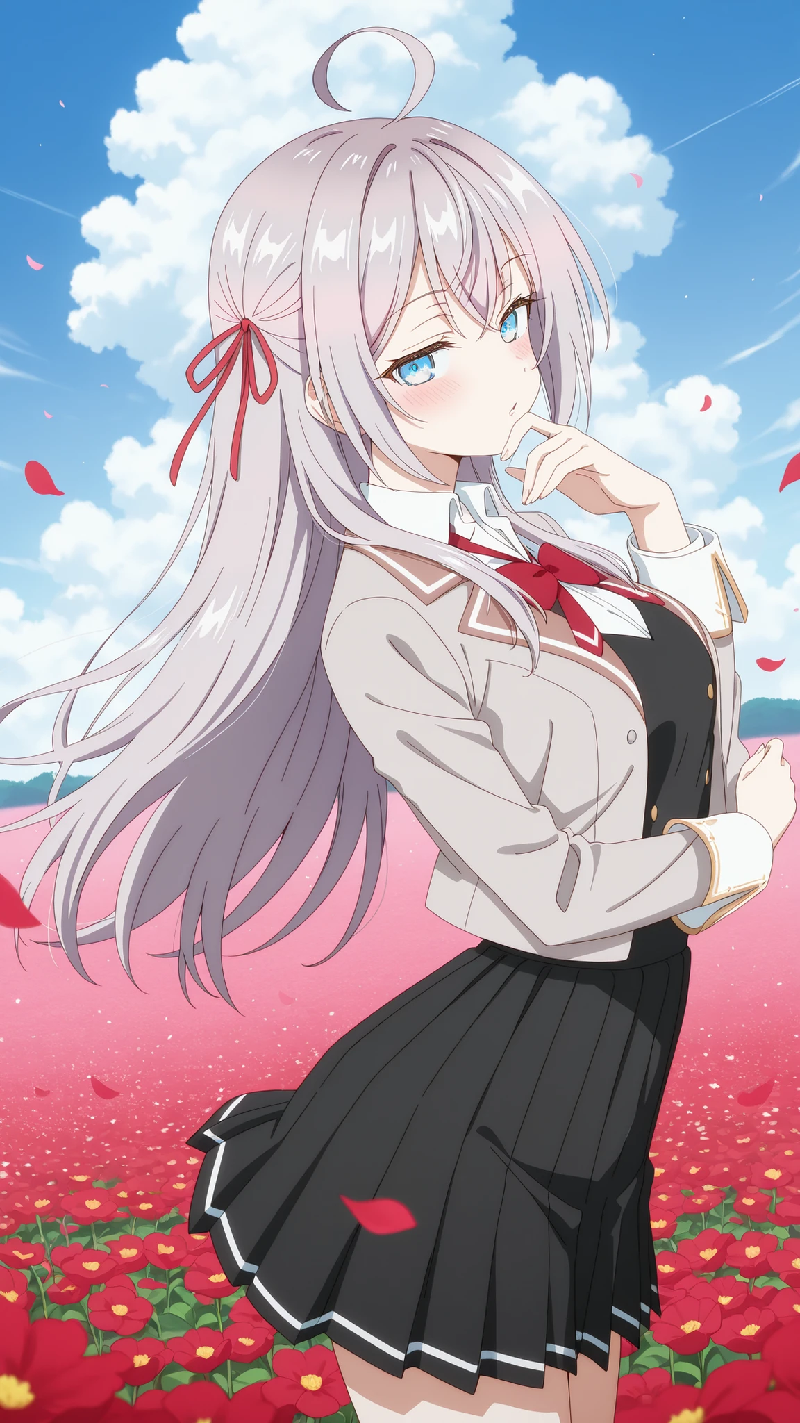 BREAK (masterpiece:1.2), best quality, high resolution, unity 8k wallpaper, (illustration:0.8), (beautiful detailed eyes:1.6),Twisting clouds forming a cyclone  
above an open red flower field,  
flowers bending sharply under wind pressure,  
air filled with dust and petals,  
surreal tension in the air,  
anime-style concept art, wide-angle cinematic view,alisa mikhailovna kujou, long hair, bangs, blue eyes, hair ribbon, ahoge, grey hair, red ribbon, breasts, anime screencap,skirt, shirt, long sleeves, bow, school uniform, jacket, white shirt, pleated skirt, collared shirt, bowtie, black skirt, red bow, red bowtie, blazer, grey blazer, long sleeves,blush, seductive expression,looking at viewer,cowboy shot,seductive pose,arched back,