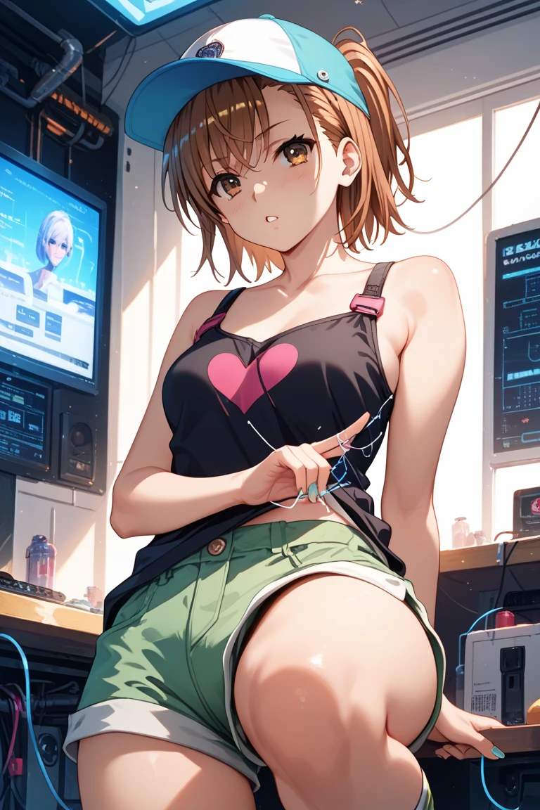 (Highest quality:1.5, High resolution, uhd, 4K, Detailed lighting, Shaders), NSFW Misaka Mikoto, solo short hair Brown Hair Brown eyes Cool face ((BDSM, bondage, bound, shibari, restrained))++ White panties White bra Get angry顔 Dark realistic dungeon Super oily skin Muscular Raise your arms Hang your arms from the ceiling from below, Sweat Get angry