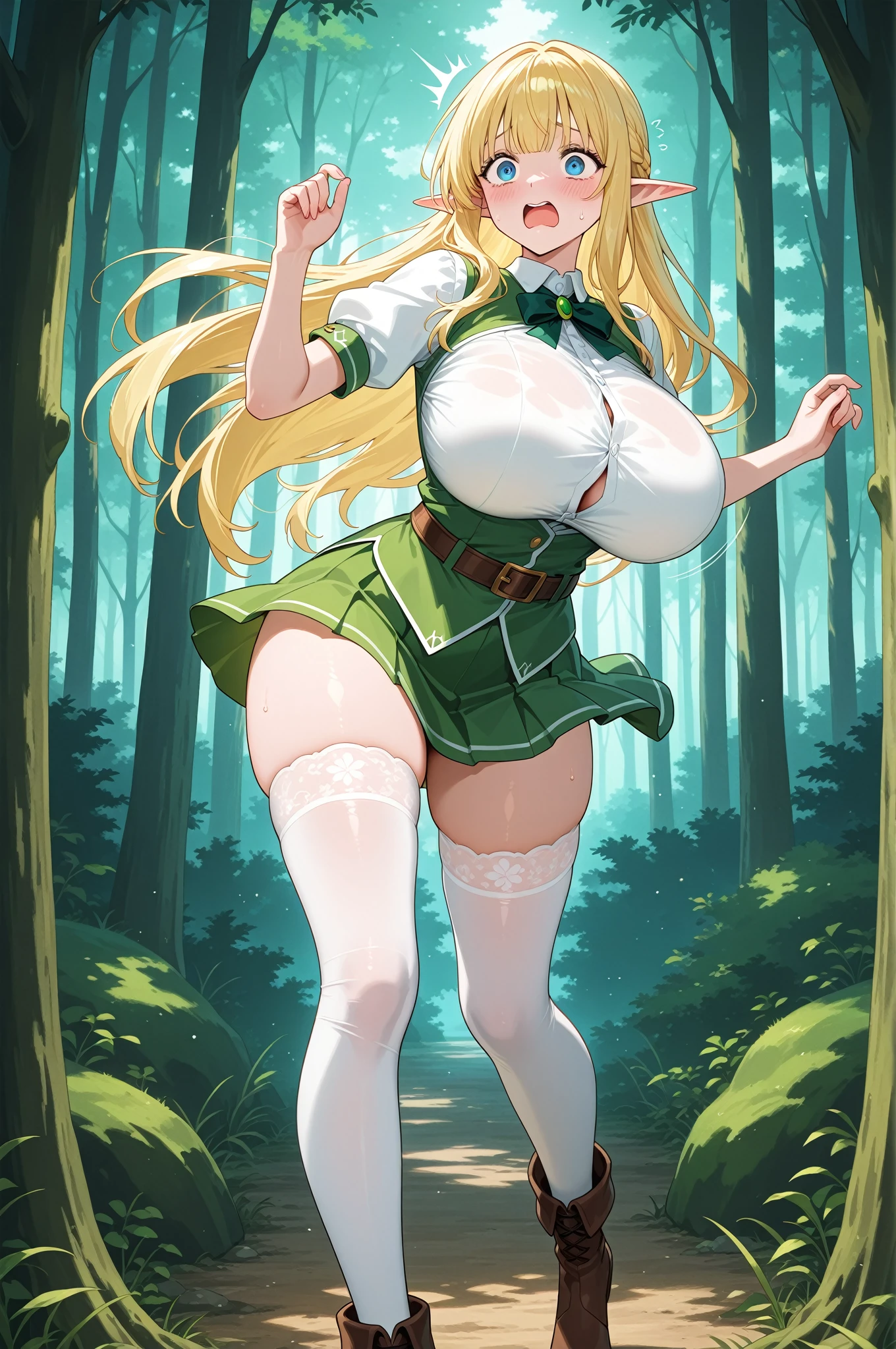 NSFW, (masterpiece, top quality, best quality, highly detailed:1.6), anatomically correct, (Elf, green clothes, blonde hair:2.5), (urethra, blonde pubic hair,pubic blonde hair,pussy line:3), (woman, outdoor,in the forest:1.5), (Proudly, Push your hips forward, Stand up straight without bending your knees, Peeing:2.5), (Lean your upper body backwards:2), (Blonde pubic hair that matches her hair:3), (at midnight:2), (full body), wide shot, long shot, (Lift the hem of the skirt high with both hands, Showing yourself urinating:3), (Show your crotch, pussy), (Excretion urine splashes on panty, Pee stains spreading on panties,:2), (standing, skirt lift:1.8), (((Lift up the skirt high))), Pee excreted with force, strong facial expression, (ecstasy:2.2), (slut:1.2), (vulgarity:1.3), (fucked silly:1.1), (tears:2.7), (sharp eye:1.2), (scowl:1.1), (embarrassed,blush:2.5), (steam:2.9), (Wet:1.1), (sweat:1.1), (trembling:1.3), (open mouth, wavy mouth:1.7), (Drooling from the mouth:1.9), (half open eyes:1.5), (Close one eye, Winking:1.7), (feeling weak:1.5), (bravery crying, sobbing:1.5), (shoot from front, looking at viewer:1.2), (skirt lift, clutching skirt:2), (very long hair, Extra long hair, hair and pubic hair is golden:2), (woman trembling with sexual climax:1.5), colorful, full body, wide shot, perfect composition, (panty, panties), White socks, pumps, urination, incontinence, piss, peeing self, (((pee stream))), (pee puddle), Wetting herself, pee stain, large breasts, Yellow pee, (Splashing pee), ((leaking pee)), puddle of pee, Pee at your feet, Pee spread on the floor, Pee stains, Dripping pee between my legs, Feet Wet from pee, Pee-covered feet, Pee at your feet, want to pee, about to pee, Full bladder, Pee-soaked skirt, Pee-soaked shoes and socks, natural makeup,