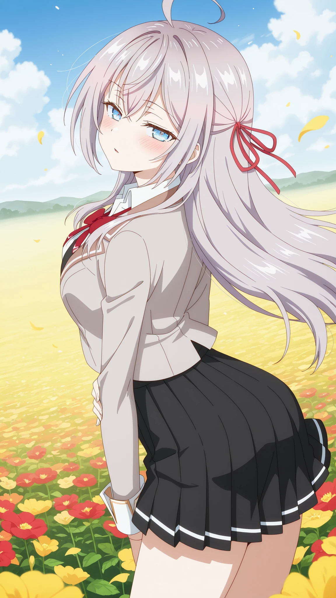 BREAK (masterpiece:1.2), best quality, high resolution, unity 8k wallpaper, (illustration:0.8), (beautiful detailed eyes:1.6),Twisting clouds forming a cyclone  
above an open red flower field,  
flowers bending sharply under wind pressure,  
air filled with dust and petals,  
surreal tension in the air,  
anime-style concept art, wide-angle cinematic view,alisa mikhailovna kujou, long hair, bangs, blue eyes, hair ribbon, ahoge, grey hair, red ribbon, breasts, anime screencap,skirt, shirt, long sleeves, bow, school uniform, jacket, white shirt, pleated skirt, collared shirt, bowtie, black skirt, red bow, red bowtie, blazer, grey blazer, long sleeves,blush, seductive expression,looking at viewer,cowboy shot,seductive pose,from behind,photo from back,arched back