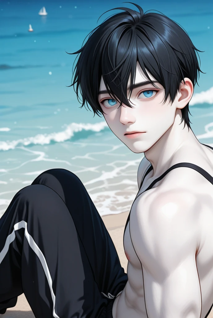 (best quality), 1boy, male, pale skin, black hair, short hair, tousled hair, messy bangs, bangs over eyes, blue eyes, perfect eyes, dark circles under eyes, lanky body, boyish, strong jawline, frown, attractive, goth boy, swim trunks, beach, masculine body, black nails, black earstuds, masterpiece, anatomically correct, highres
