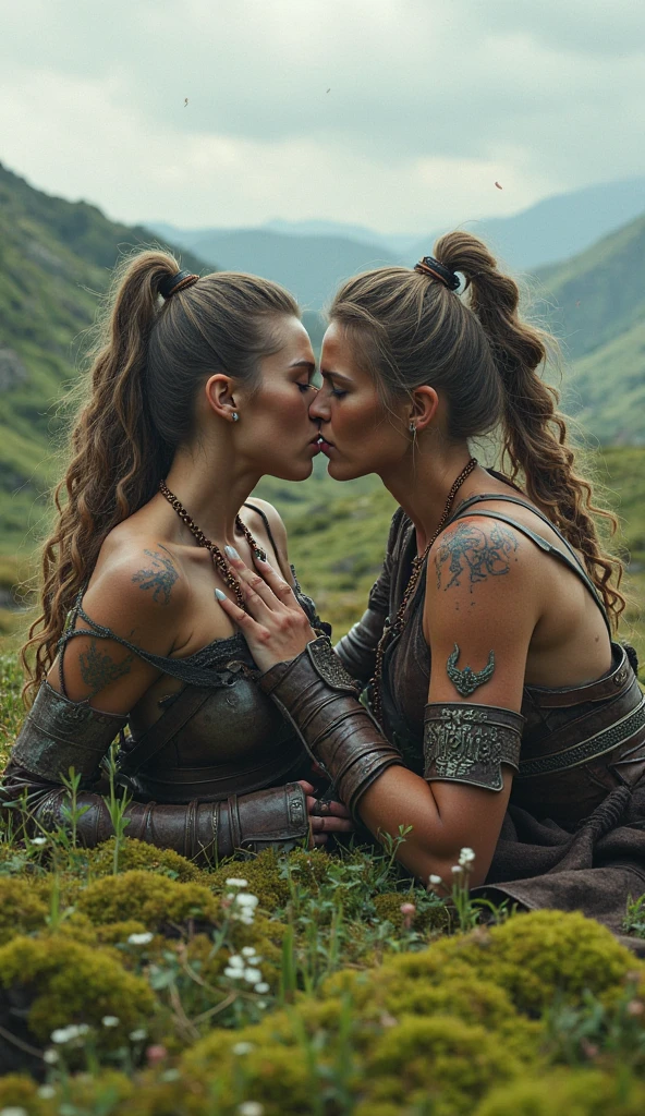 2 Jeunes femmes de 25 ans, calin, embracing each other, visage fin, cheveux long, tresses viking, blond hair, yeux bleus, tâches de rousseur sur tout le corps, HD, 8K, masterpiece, sourire romantique, ???????, viking tattoo, celtic tattoo, sous la pluie, sexy, guerrière viking, celtic tattoo, viking chest tattoo, dans une grotte, sous une cascade, sous la pluie, kissing, licking