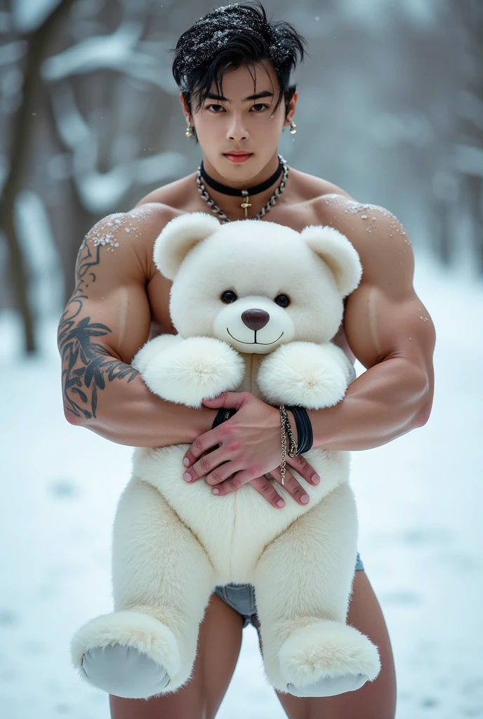 best quality,masterpiece,Ultra high detail,A handsome muscular man,Short white haired Fractal Jack Frost, shirtless in the snow . playing with the snow owl and polar bear, smiling 