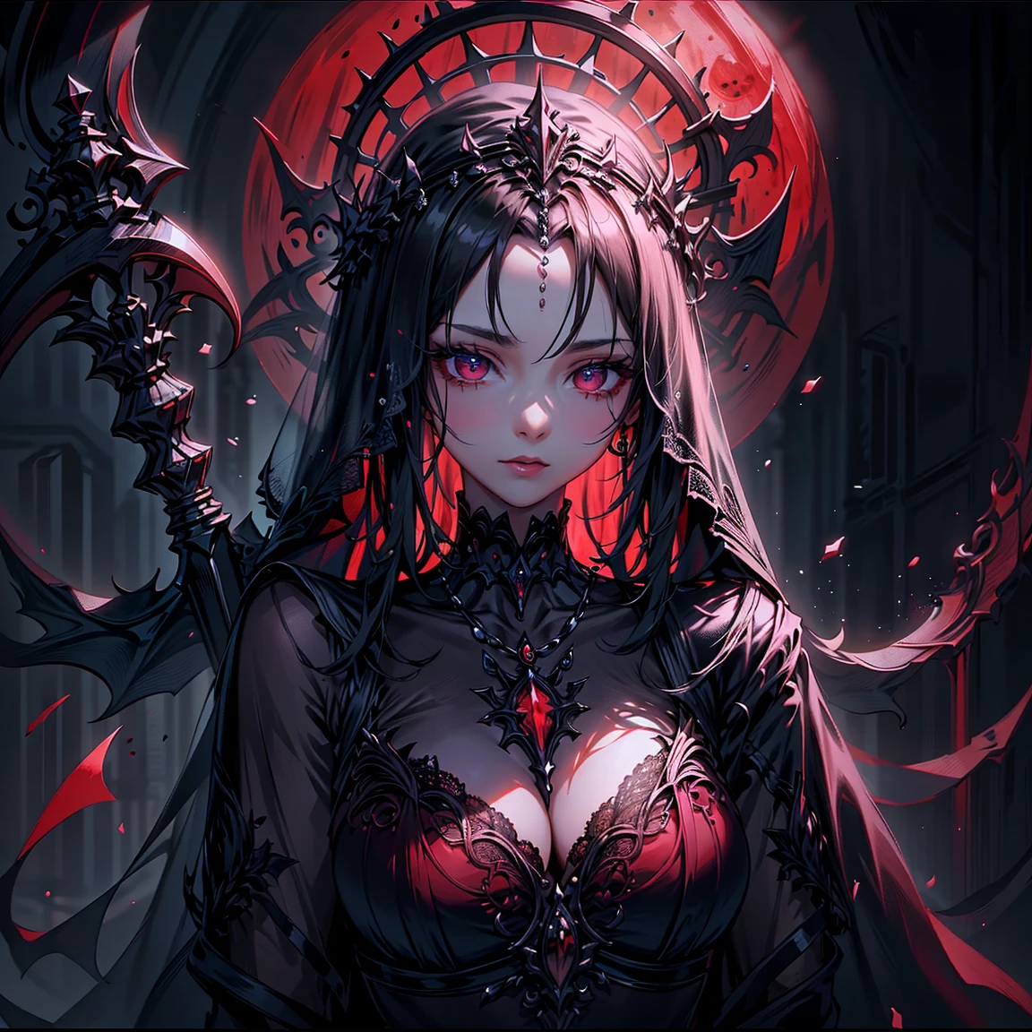 A creature, an entity. Nuclear chaos, Azathoth. A Blind God, Bloody blindfolds covering his eyes, long black hair, mouth covered by chains, white kimono with blood petals