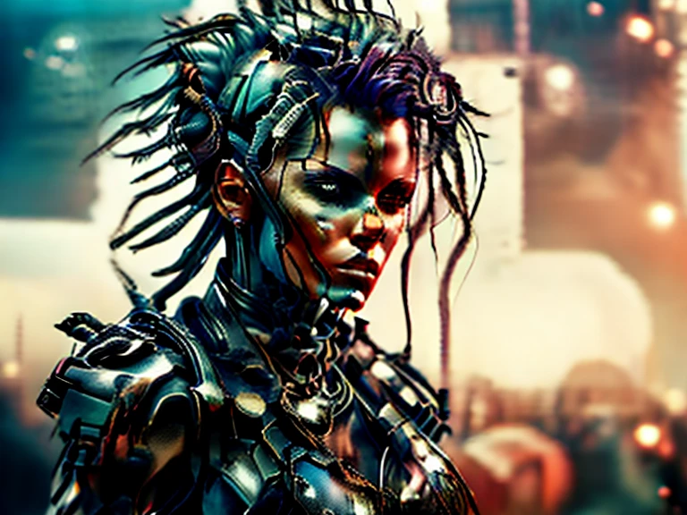 In a futuristic metropolis, Cyborg Woman, Her clothes were torn to shreds, Standing against the backdrop of towering holographic billboards, In a sea of bustling crowds, It shows the fusion of man and machine in the cyberpunk world., digital art, High-resolution rendering,
