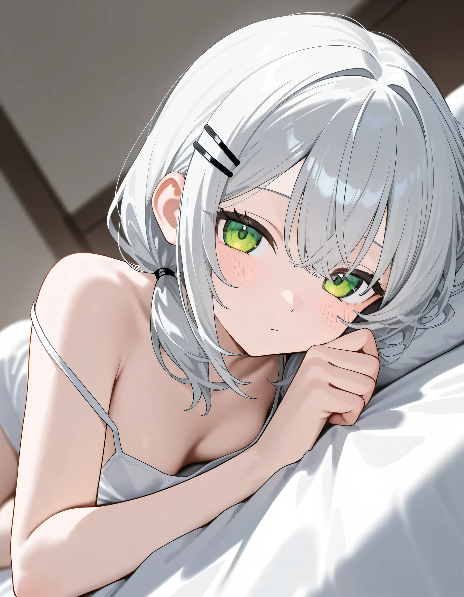 Tabletop, Highest quality, shape, Very detailed, In detail, High resolution, 8k wallpaper, Perfect dynamic composition, Beautiful attention to detail, ,Medium Hair、Natural color lips, Bold sexy pose,smile,((One 20-year-old girl))、Big Breasts、Big Ass、Lying in bed、cute、sexy shot looking at camera