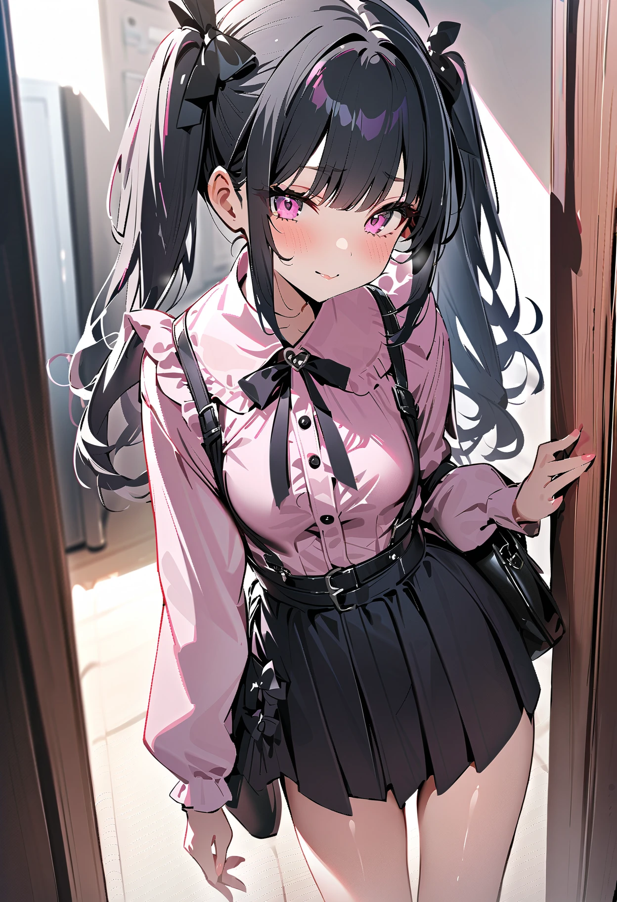 (masterpiece、Highest quality、Very detailed))、One girl、Black hair、((Medium Hair))、twintails、blunt bangs、Pink eyes、((lots of piercing))、evil smile、Moderate breasts、((Pink ruffled blouse))、Black bow tie、((Black pleated skirt))、((skirt lift))、((pink and black plaid panties))、thighhighs cowboy shots、Shoot from below、Bedroom Background