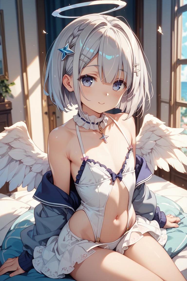 nsfw, sexy pose, (love juice), (Master masterpiece:2), (((extremely fine and beautiful))), (16 K:2), (spread legs, completely nude:1.6), (one girl, lying on the bed:1.6), (small breasts:1.2), (Nominal body type), (Glamorous:1.4), (???? crack, nipples:1.4), (cute little), (embarrassed:1.8), smile, Correct ???????, Good anatomy, (((The ultra -The high-definition))), (Ultra HD), (highly detailed)), ((Very detailed and beautiful)), ((Very detailed and beautiful)), (luminism)), (pinky girly room background:1.4), kanatafourth, (white hair:1.3), angel wings