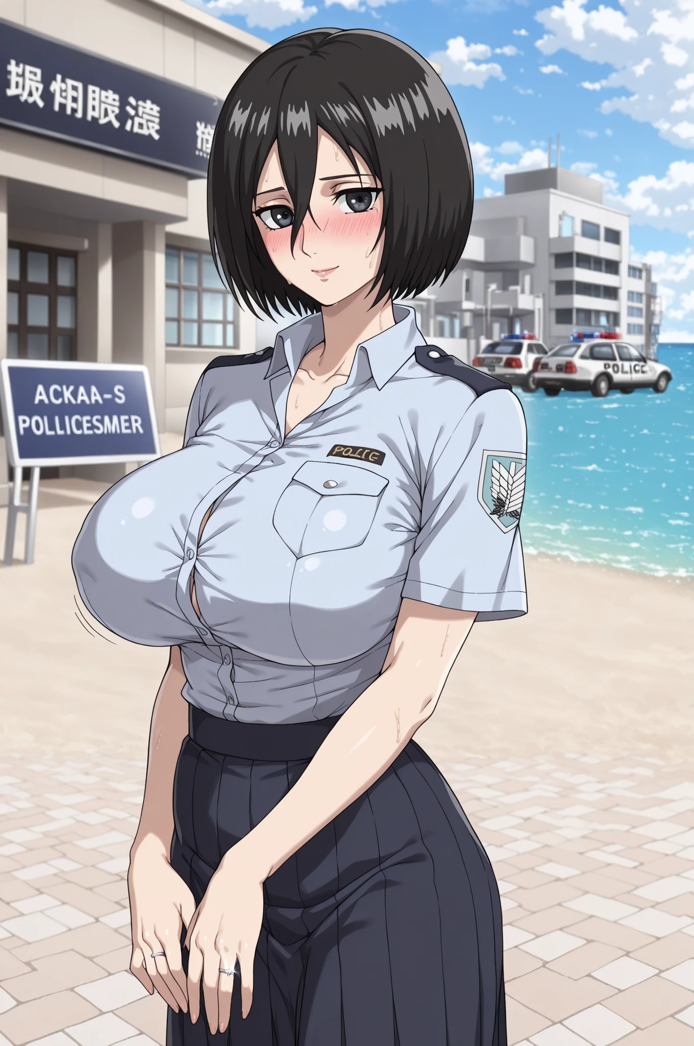 (perfect body),highest quality,16k、Masseter muscle part、((NSFW))、((blush))、((((embarrassing))))、(muscular)、Treefe○lumes、short hair、bob cut、(yellow eyes),((black hair))、blunt bangs、police hat、((Sweat))、(big ass)、huge breasts、swollen nipples、((thick thighs))、Brown belt、(Navy blue striped bikini)、Open jacket in navy blue、white knee socks、(beach)、sitting on the ground