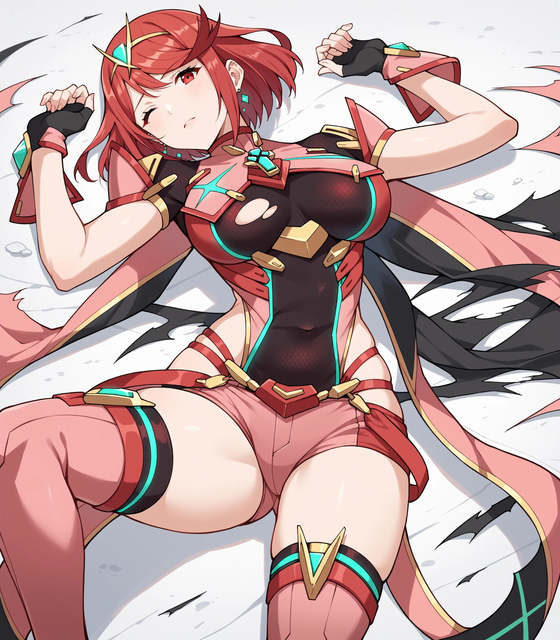 pyra \(xenoblade\), teen_1girl, , bangs, black gloves, breasts, red eyes, shout, earrings, eyelashes, fingerless gloves, floating hair, , gem, gloves, hair ornament, headpiece, jewelry, big_breasts, leaning back, swimsuit, neon trim, official art, pose, red hair, saitou masatsugu, short_ponytail, sidelocks, skin tight, solo, swept bangs, thighhighs, tiara, fantasy_town_background, underbust, xenoblade chronicles \(series\), (xenoblade chronicles 2), (spread_legs:1.1), fire_effect,fighting,light_smile, big_ass,huge_sword, hold_large_sword_hilt, covered_nipples, covered_pussy, fists,beautiful_fingers,(solo:1.1), bare_shoulder,(shoulder_naked:1.2), (very_short_shorts:1.3),(lise_leg:1.4)