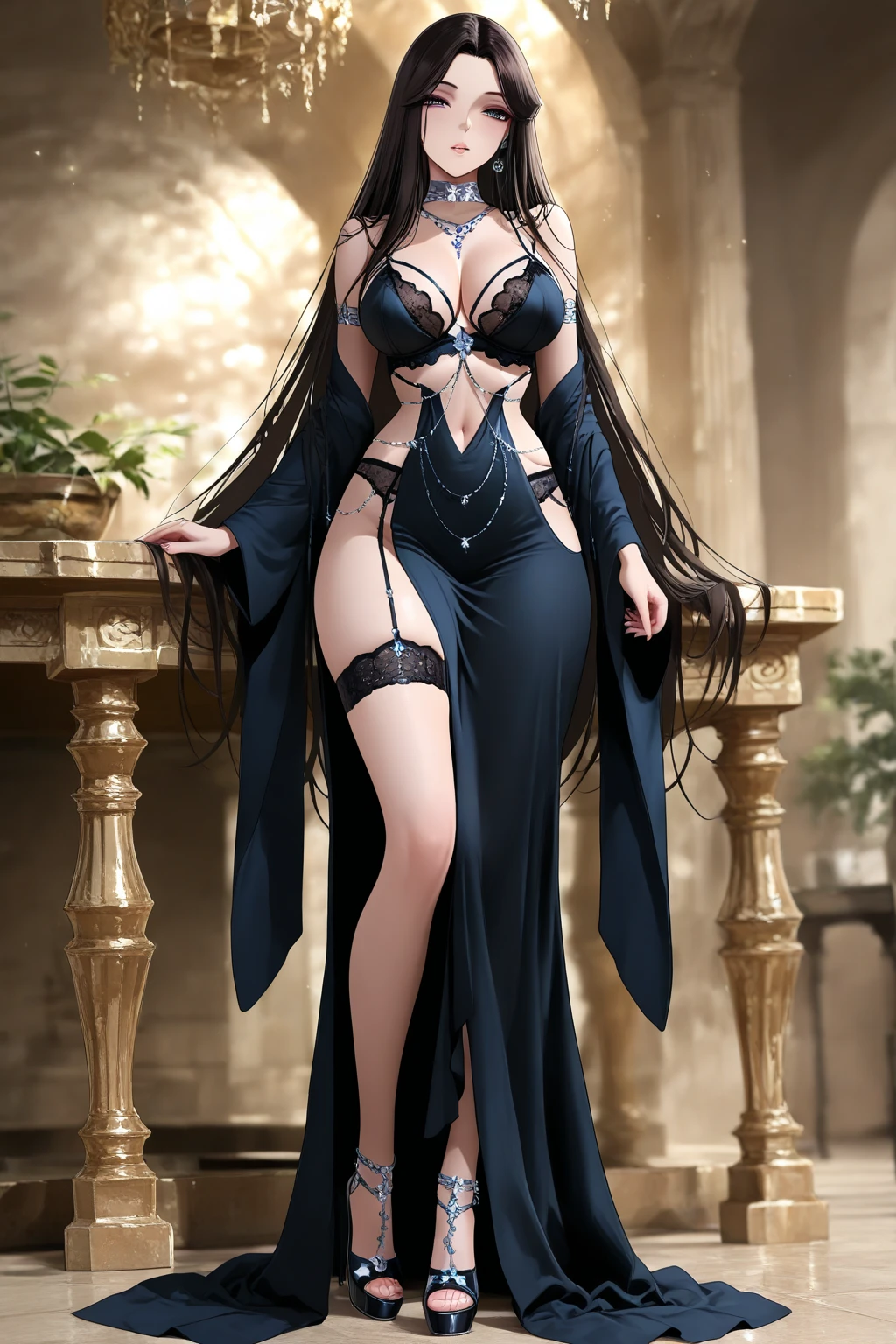 (masterpiece), best quality, expressive eyes, perfect face, a beautiful demon girl with pointed horns with long black hair, yellow eyes, big breasts, thin waist, very beautiful, wearing gothic clothes, Dutch angle