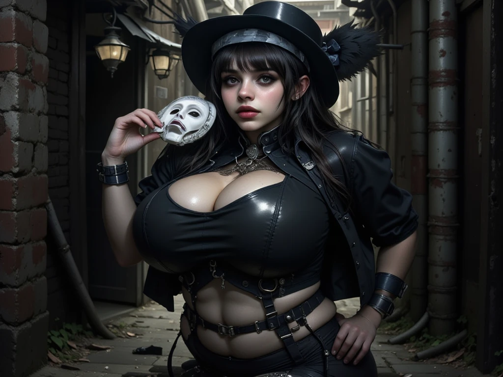 (realistic: 1.3), finely detailed, fine, Rembrandt lighting, (masterpiece: 1.2), (photorealistic: 1.2), (best quality), (detailed skin: 1.3), (intricate details), dramatic, ray tracing, sweet girl, 28 years old, cute round face, very black hair, blue eyes, plump lips, round cheeks, (skull drawn on face), black corset, black hat, huge breasts, wide hips, nude, very pale skin, thin, on holiday Day of the Dead, on the street, evening, in a crowd of people, masquerade, 8k uhd, dslr, soft-lighting, hiquality, film grains, Fujifilm XT3 random face, negative_hand
